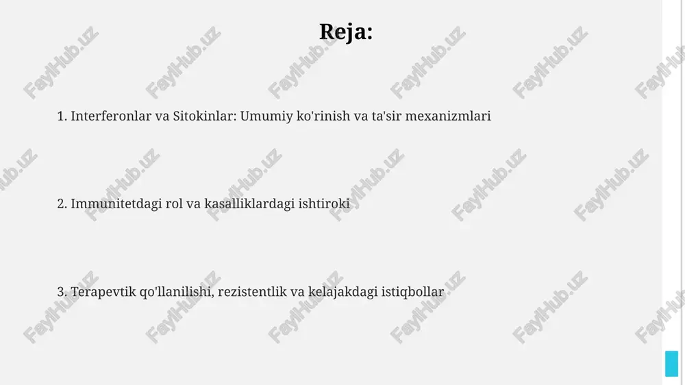 tan olinishiga olib keladi va shu bilan adaptiv immunitetda muhim rol o'ynaydi. i interferonlar virusga qarshi holatni o'rnatish uchun hujayralardagi genlar ifodasini modulyatsiya qiladi, bu esa rnkazalar va pkr kabi 2'-5' oligoadenilat sintetaza fermentlarining faollashuviga olib keladi. sitokinlar t hujayralari subtiplari (th1, th2, th17) o'rtasida kross-talkni ko'rsatadi, interleykin-4 (il-4) th2 javobini qo'llab-quvvatlaydi va interferon-gamma (ifn-γ) th1 javobini rag'batlantiradi. interferonlar va sitokinlarning virusga qarshi, o'smaga qarshi va yallig'lanishdagi roli interferonlar virusga qarshi ta'sirini 2',5'-oligoadenilat sintetaza (oas) va rnaza l kabi fermentlarni faollashtirish orqali amalga oshiradi, bu esa virusli rnk degradatsiyasiga olib keladi. sitokinlar, masalan, tnf-α, o'smaga qarshi ta'sirga ega bo'lib, apoptozni qo'zg'atadi va qon tomirlarini rivojlanishini inhibe qiladi, shuningdek, immun hujayralarining o'simta mikro muhitiga kirib borishini oshiradi. il-1 va il-6 kabi yallig'lanish sitokinlari isitmani qo'zg'atish, o'tkir faza oqsillarini ishlab chiqarishni rag'batlantirish va leykotsitlar migratsiyasini kuchaytirish orqali yallig'lanish jarayonida muhim rol o'ynaydi. interferonlar va sitokinlarning autoimmun kasalliklardagi roli sitokinlar, tnf-α va il-17 …
