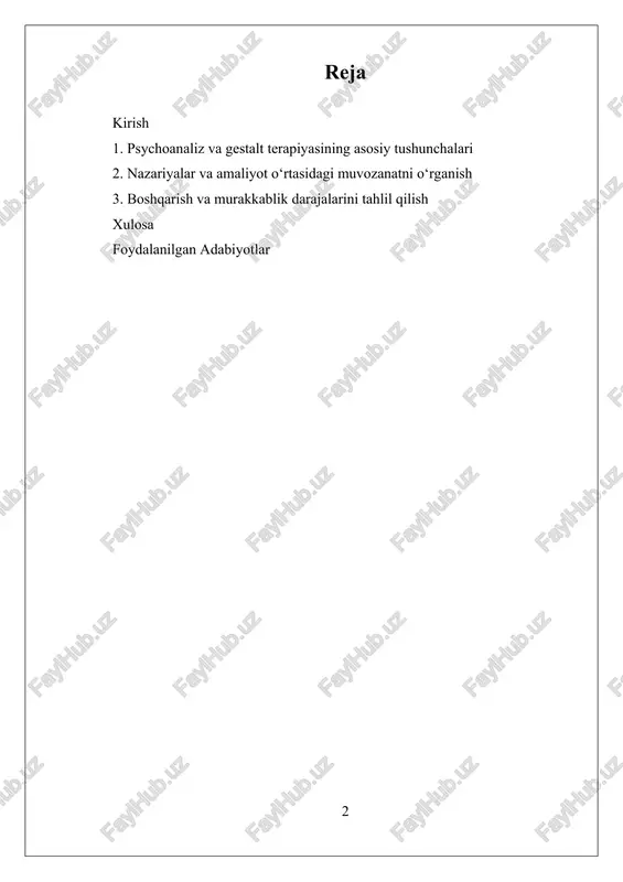 atilgan. hozirgi zamonda bu yondashuvlarning rivojlanishi neyroilmiy, kognitiv psixologiya va interpersonallashtirilgan yondashuvlarning yutuqlarini integratsiya qilish bilan bog’liq bo‘lib, ular inson psixikasini chuqur tushunishga va uni yaxshilashga katta imkoniyatlar yaratmoqda. bu yo‘nalishlarning har biri inson hayotida muhim rol o‘ynab, psixoterapiya, maslahat va reabilitatsiya jarayonlarida keng qo‘llanilmoqda. shu sababli, psixoanali va gestalt-terapiya inson psixikasini tushunish va rivojlantirish uchun muhim asoslarni tashkil etadi va insonlar uchun ichki muvozanat va farovonlikni ta’minlashda o‘ziga xos imkoniyatlar yaratadi. bu tadqiqotda biz ushbu ikki yondashuvning asosiy tushunchalari, nazariyalar va amaliyotdagi o‘zaro bog’liqliklarini o‘rganishni maqsad qilamiz, shuningdek, ularning murakkablik darajalarini va boshqaruv mexanizmlarini tahlil qilamiz. shuningdek, ushbu tadqiqot psixoterapevtik yondashuvlarning rivojlanishini va zamonaviy sharoitlarda qanday qo‘llanilishini o’rganishga qaratilgan bo‘lib, inson psixikasining murakkab va ko’p qirrali tabiatini yanada chuqurroq tushunishga yordam beradi. bu sohadagi izlanishlar, nafaqat nazariy bilimlarni kengaytirish, balki amaliy yordam ko‘rsatish imkoniyatlarini ham oshirish uchun muhim ahamiyatga ega. i. psychoanaliz va gestalt terapiyasining asosiy tushunchalari psixoanaliz va …