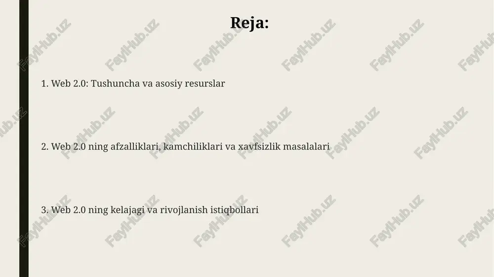 klari, kamchiliklari va xavfsizlik masalalari web 2.0-ning afzalliklaridan biri foydalanuvchilarning 7/24 ma'lumot olish imkoniyatidir, ammo bu ma'lumotning haqiqiyligi 60% hollarda shubhali bo'lishi mumkin. web 2.0 kamchiliklari orasida shaxsiy ma'lumotlarning 80% onlayn xavf ostida bo'lishi va kibermujrimlarning hujumlariga duchor bo'lishi mumkinligi katta muammo hisoblanadi. xavfsizlik masalalari web 2.0 da muhim ahamiyatga ega, shuning uchun ikki faktorli autentifikatsiya va shifrlash texnologiyalari 95% hollarda ma'lumotlarni himoya qilishda qo'llaniladi. web 2.0 ning kelajak tendentsiyalari va rivojlanish istiqbollari sun'iy intellekt (ai) va mashinali o'rganish (ml) web 2.0 platformalarini yanada shaxsiylashtirish, kontentni avtomatik ravishda boshqarish va foydalanuvchi tajribasini yaxshilashga yordam beradi. web 3.0 integratsiyasi ortib bormoqda, blokcheyn texnologiyasi va markazlashmagan ilovalarni (dapps) web 2.0 platformalarida ko'proq qo'llash istiqbollari mavjud. kengaytirilgan (ar) va virtual (vr) reallik texnologiyalari web 2.0 platformalarida immersiv tajribalarni yaratadi, masalan, virtual ijtimoiy o'zaro aloqalar va interaktiv onlayn ta'lim imkoniyatlari kengayadi. e'tiboringiz uchun rahmat