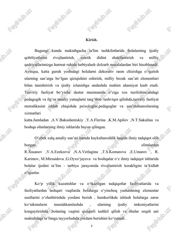 azilgan tadqiqotlar faoliyatlarida va faoliyatlardan tashqari vaqtlarda bolalarga oʻyinchoq yashashning elementar usullarini oʻzlashtirishda yordam berish , hamkorlikda ishlash bolalarga zarur koʻnikmalarni mustahkamlashda , ularning ijodiy imkoniyatlarini kengaytirishda ,bolaning vaqtini qiziqarli tashkil qilish va shular orqali uni maktabdagi taʼlimga tayyorlashda yordam berishini koʻrsatadi . kurs ishining dolzarbigi: dekorativ rasm chizish jarayonida bolalar milliy naqshlar, gullar, geometrik shakllar va tabiat manzaralaridan foydalangan holda kompozitsiya tuzishni o‘rganadilar. bu nafaqat ularning tasviriy faoliyat ko‘nikmalarini mustahkamlashga, balki ranglar uyg‘unligini his qilish, nozik did va badiiy idrokni rivojlantirishga ham xizmat qiladi. kurs ishining maqsad: katta guruh bolalarini dekorativ rasm chizish sir-asrorlariga o‘rgatish orqali ularning ijodiy fikrlashi, badiiy-estetik didi va milliy qadriyatlarga bo‘lgan qiziqishini shakllantirish. kurs ishining vazifalar: · bolalarni dekorativ rasm chizish usullari bilan tanishtirish. · milliy naqshlar va bezak san'ati elementlaridan foydalanishga o‘rgatish. · ranglar uyg‘unligini his qilish qobiliyatini rivojlantirish. · bolalarning ijodiy mustaqilligini va tasviriy ifoda malakalarini oshirish. · san'at asarlari va milliy madaniyatga …