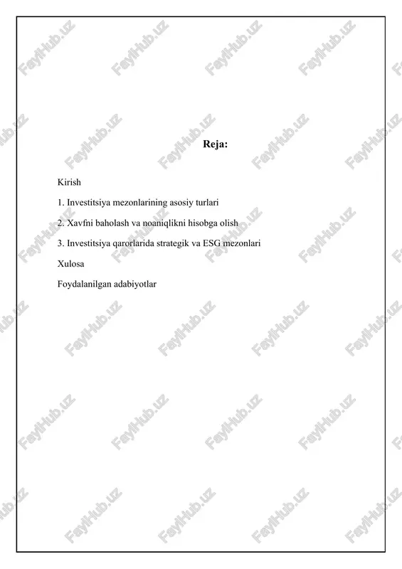g qiymatini e'tiborsiz qoldiradi. masalan, a loyihasi 3 yilda, b loyihasi esa 4 yilda o'z xarajatlarini qoplaydi. shu sababli, a loyihasi afzalroq deb hisoblanadi, garchi b loyihasi undan keyin yuqori daromad keltirishi mumkin bo'lsa ham. to'lov muddatini hisoblashda oddiy va diskontlangan usullar mavjud. oddiy to'lov muddati pul oqimining qadriyatlarini o'zgartirmaydi, diskontlangan usul esa pul oqimini diskontlash orqali vaqt qiymatini hisobga oladi. diskontlangan to'lov muddati aniqroq natijalarni beradi, lekin hisoblash murakkabroqdir. bundan tashqari, to'lov muddati loyihaning to'lov muddatidan keyingi pul oqimini e'tiborsiz qoldiradi, bu esa investitsiyaning umumiy foydaliligini to'liq baholashga to'sqinlik qiladi. shuning uchun uni boshqa investitsiya mezonlari bilan birgalikda qo'llash tavsiya etiladi. sof hozirgi qiymat (shhq) sof hozirgi qiymat (net present value, npv) - investitsiya loyihasining barcha kelajakdagi pul oqimlarining hozirgi qiymati va dastlabki investitsiya o'rtasidagi farqni ifodalaydi. shhq musbat bo'lsa, loyiha iqtisodiy jihatdan foydali deb hisoblanadi, chunki u investitsiya qilingan mablag'dan ko'proq daromad keltiradi. shhq nolga teng bo'lsa, loyiha …