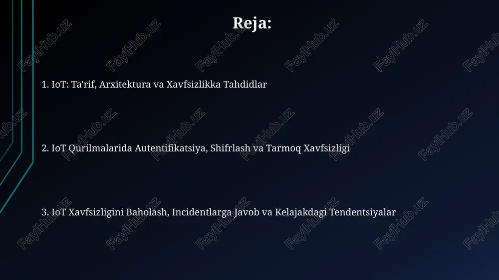 iradi va maxfiylikni ta'minlaydi. ma'lumotlar shifrlash kalitlarini ishonchli boshqarish va ularni hsm (hardware security module) kabi xavfsiz joylarda saqlash muhim, chunki kalitlar xavfsizligi ma'lumotlar xavfsizligining asosi hisoblanadi. tarmoq xavfsizligi protokollari iot tarmoqlarida keng tarqalgan wi-fi protected access 3 (wpa3) shifrlash protokoli man-in-the-middle hujumlariga qarshi yaxshilangan himoyani ta'minlaydi va 192 bitli shifrlashni qo'llab-quvvatlaydi. transport layer security (tls) 1.3 kabi protokollar ma'lumotlarni uzatish xavfsizligini ta'minlaydi, shifrlash algoritmlarini yangilaydi va server va mijoz o'rtasida xavfsiz kanal yaratadi. dasturiy ta'minot yangilanishlari va patch-management dasturiy ta'minot yangilanishlari iot qurilmalari uchun muhim, chunki ular kiberxavfsizlik zaifliklarini yo'q qiladi va xavfsizlik darajasini oshirish uchun dasturiy ta'minotdagi xatolarni tuzatadi. patch-management tizimlari avtomatik yangilanishlarni ta'minlaydi, bu esa iot qurilmalarining xavfsizlik darajasini muntazam ravishda yangilab turishga va 24/7 himoyalangan bo'lishiga yordam beradi. qurilma xavfsizligi qurilma xavfsizligi apparat darajasida kuchaytirilishi mumkin, masalan, secure boot va trusted platform module (tpm) kabi xususiyatlardan foydalanib, ruxsatsiz dasturiy ta'minotning yuklanishini oldini olish uchun. iot qurilmalarida …