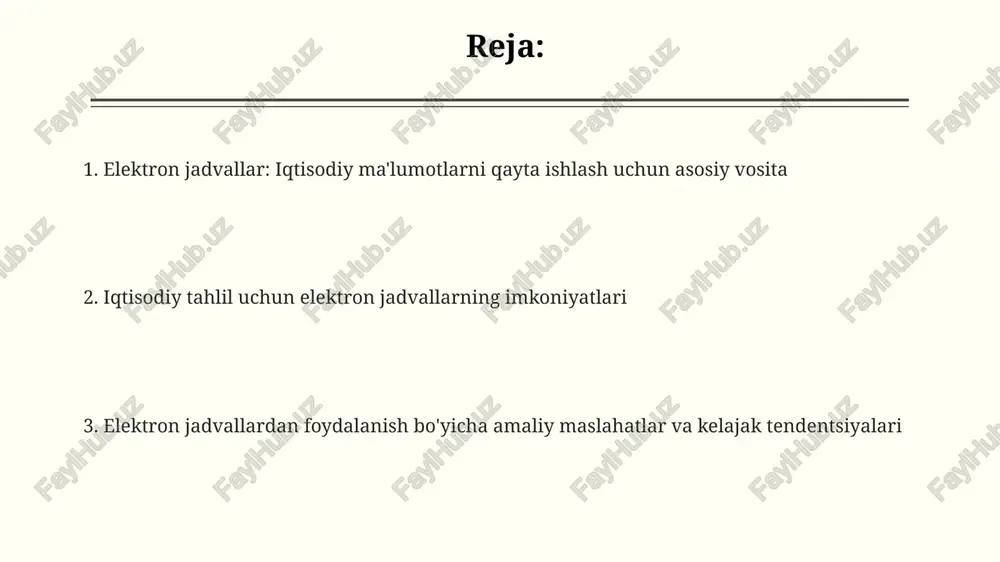 advallarda npv (sof hozirgi qiymat) funksiyasi investitsiya loyihalarining rentabelligini baholashga yordam beradi, pul oqimlarini diskontlash va 0 ga solishtirish orqali qaror qabul qilishga ko'maklashadi. oddiy foiz formulasidan tashqari, murakkab foiz hisobi uchun fv (kelajak qiymati) funksiyasi ishlatiladi, bu aktiv qiymatining vaqt davomida, masalan 5 yilda qanday o'sishini aniq ko'rsatadi. grafiklar va diagrammalar yaratish (ma'lumotlarni vizuallashtirish) diagrammalar ma'lumotlar o'rtasidagi bog'liqlikni vizualizatsiya qilish uchun foydalidir, masalan, chiziqli grafiklar va ustunli diagrammalar, 5 yillik davomida yaimning o'zgarishini ko'rsatish uchun juda mos keladi. doira diagrammalari iqtisodiy ma'lumotlarning nisbiy ulushini ko'rsatishda samarali, masalan, byudjet xarajatlarining 12 ta asosiy sohalar bo'yicha taqsimlanishini tasvirlash uchun. tarqalish diagrammalari ikki o'zgaruvchi o'rtasidagi korrelyatsiyani aniqlashga yordam beradi, masalan, reklama xarajatlari va 3 oylik savdo hajmi o'rtasidagi bog'liqlikni tahlil qilish. ma'lumotlarni filtrlash va saralash saralash funksiyasi maʼlumotlarni raqamli (1 dan 100 gacha) yoki alifbo (a dan z gacha) tartibida tartiblash imkonini beradi va bu 500 ta xarajat bandini tahlil qilishni osonlashtiradi. …