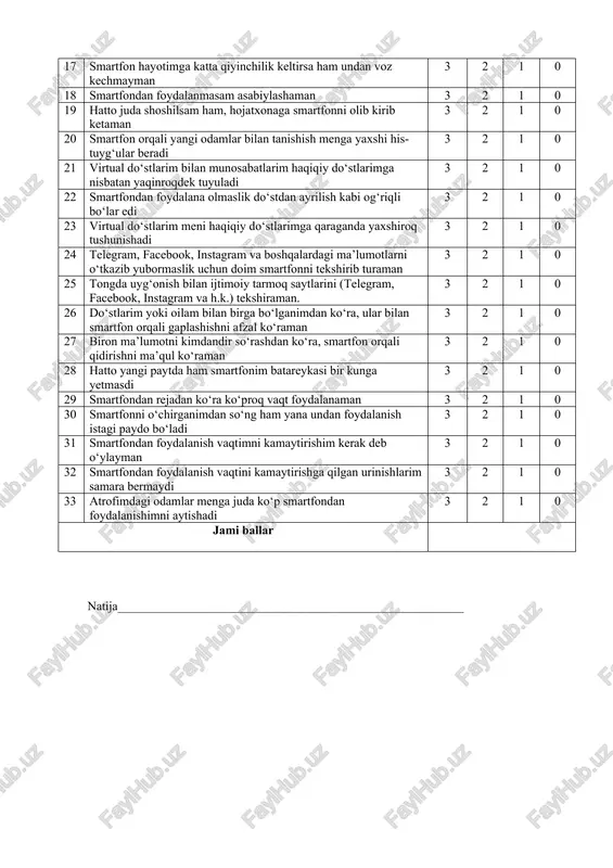 eradi 3 2 1 0 21 virtual do‘stlarim bilan munosabatlarim haqiqiy do‘stlarimga nisbatan yaqinroqdek tuyuladi 3 2 1 0 22 smartfondan foydalana olmaslik do‘stdan ayrilish kabi og‘riqli bo‘lar edi 3 2 1 0 23 virtual do‘stlarim meni haqiqiy do‘stlarimga qaraganda yaxshiroq tushunishadi 3 2 1 0 24 telegram, facebook, instagram va boshqalardagi ma’lumotlarni o‘tkazib yubormaslik uchun doim smartfonni tekshirib turaman 3 2 1 0 25 tongda uyg‘onish bilan ijtimoiy tarmoq saytlarini (telegram, facebook, instagram va h.k.) tekshiraman. 3 2 1 0 26 do‘stlarim yoki oilam bilan birga bo‘lganimdan ko‘ra, ular bilan smartfon orqali gaplashishni afzal ko‘raman 3 2 1 0 27 biron ma’lumotni kimdandir so‘rashdan ko‘ra, smartfon orqali qidirishni ma’qul ko‘raman 3 2 1 0 28 hatto yangi paytda ham smartfonim batareykasi bir kunga yetmasdi 3 2 1 0 29 smartfondan rejadan ko‘ra ko‘proq vaqt foydalanaman 3 2 1 0 30 smartfonni o‘chirganimdan so‘ng ham yana undan foydalanish istagi paydo …