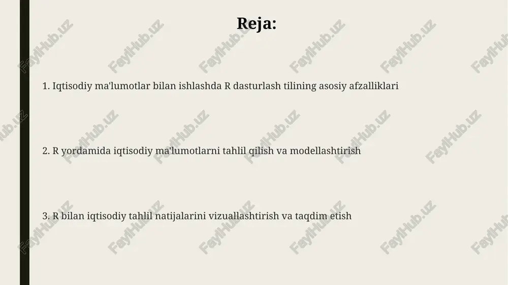 ilish, noto'g'ri qiymatlarni (masalan, -999 ni na ga almashtirish) va nomuvofiq formatlarni tuzatishni o'z ichiga oladi. ma'lumotlarni qayta ishlash r-da 0 dan 1 gacha bo'lgan oraliqdagi qiymatlarni oladigan 'scale()' funksiyasi orqali standartlashtirishni o'z ichiga olishi mumkin, bu esa turli xil o'lchov birliklariga ega ma'lumotlarni tahlil qilishga tayyorlaydi. statistik tahlil va modellashtirish r dasturida gipotetik testlarni o'tkazish mumkin, masalan, t-test va anova, ikkita guruh o'rtasidagi o'rtacha ko'rsatkichlardagi farqni 0.05 ahamiyat darajasida baholash uchun ishlatiladi. regression modellarini qurish, masalan, chiziqli regressiya va logistik regressiya, iqtisodiy omillar o'rtasidagi bog'liqlikni o'rganish va 95% ishonch intervali bilan prognozlar berish uchun ishlatiladi. r bilan klasterlash usullarini qo'llash, masalan, k-means klasterlash, mijozlarni xarid qilish xususiyatlariga ko'ra segmentlarga ajratishga imkon beradi va bu orqali har bir segment uchun marketing strategiyasini optimallashtirish mumkin. vaqt seriyalari tahlili r dagi vaqt seriyalari tahlili stokastik jarayonlarni o'rganadi, unda o'rtacha qiymat, variatsiya va avtokorrelyatsiya kabi xususiyatlar vaqt o'tishi bilan barqarorligini baholaydi. vaqt seriyalari …