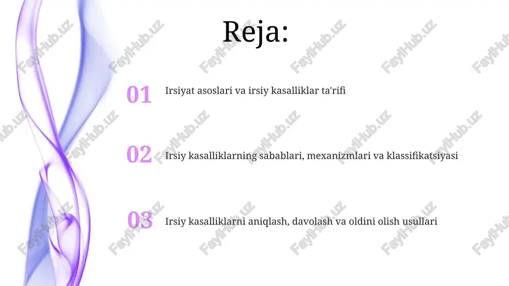 daun sindromida 21-xromosomaning trisomiyasi) yoki tuzilishidagi anormalliklar natijasida kelib chiqadi, bu esa jiddiy rivojlanish buzilishlariga olib keladi. monogen kasalliklar bitta genda mutatsiya natijasida yuzaga keladi; misol uchun, kistoz fibrozda cftr geni defekti qalin shilimshiq ishlab chiqarishga olib kelib, nafas olish va ovqat hazm qilish tizimiga ta'sir qiladi. irsiyatni o'rganish usullari genealogik usul oiladagi kasallik tarixini o'rganish orqali irsiy kasalliklarning 2-3 avlod davomida tarqalishini aniqlashga yordam beradi. bu, ayniqsa, dominant va retsessiv genlar orqali o'tadigan kasalliklar uchun muhim. egizaklar usuli monozygot (bir xil) va dizygot (har xil) egizaklarni taqqoslash orqali irsiyatning fenotipga ta'sirini baholaydi. 100% genetik o'xshashlik kasallikning irsiy ekanligini ko'rsatadi. populyatsion usul genetik kasalliklar chastotasini aniqlash uchun 1000 yoki undan ortiq odamdan iborat aholi guruhlarida allellar va genotiplarning tarqalishini o'rganadi. bu gen xaritasi uchun 0,01 dan 0,50 gacha bo'lgan qiymatlarni hisoblaydi. genetik maslahat va prenatal diagnostika prenatal diagnostika homiladorlik davrida xromosoma anomaliyalari (masalan, daun sindromi) yoki genetik kasalliklarni aniqlashga imkon …