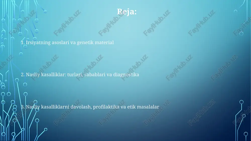 gi anormalliklar natijasida yuzaga keladi. down sindromi 21-xromosomaning qo'shimcha nusxasi (trisomiya 21) bilan bog'liq. nasliy kasalliklarni tashxislash usullari molekulyar diagnostika usullari, jumladan pcr (polimeraza zanjiri reaktsiyasi), dnk ketma-ketligini aniqlash va gen chipslari, ma'lum genlardagi mutatsiyalarni aniqlash uchun 99% aniqlik bilan qo'llaniladi. sitogenetik tahlil, kariotiplash orqali xromosoma soni va tuzilishidagi anomaliyalarni (masalan, trisomiya 21) vizual ravishda baholash imkonini beradi, aniqlik darajasi 95% gacha. enzim tekshiruvlari, masalan, galaktozemiya uchun galt fermenti faolligini o'lchash, metabolik buzilishlarni aniqlaydi; bu usulning sezgirligi 85% dan yuqori. prenatal diagnostika va genetik maslahat genetik maslahat oilalarga nasliy kasalliklar xavfi, ularni tashxislash va davolash imkoniyatlari haqida ma'lumot beradi, shuningdek, 23 juft xromosomalar bilan bog'liq kasalliklar xavfini baholaydi. prenatal diagnostika homiladorlik davrida homilaning sog'lig'ini baholashga qaratilgan bo'lib, ultratovush, amniotsentez va xorion biopsiyasi kabi usullarni o'z ichiga oladi, bu esa 10-18 haftalarda amalga oshiriladi. prenatal diagnostikaning noinvaziv usullari, masalan, homilador ayolning qonida erkin dnkni aniqlash (nipt), daun sindromi kabi xromosomal kasalliklarni …