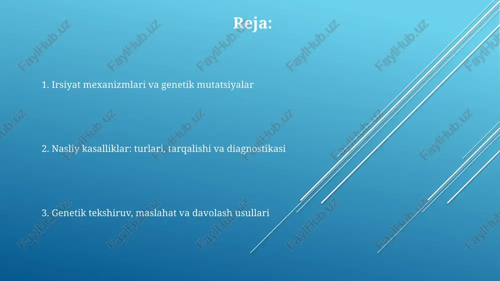 qo'shadi. irsiy moyillikni baholash uchun oilaviy anamnez va genetik markerlar ishlatiladi, ammo 100% aniqlik yo'q, chunki atrof-muhit omillari muhim rol o'ynaydi. genetik tekshiruv va maslahat: diagnostika va prognoz genetik tekshiruvlar 99,9% aniqlikda genetik kasalliklarni aniqlashga yordam beradi, masalan, xomilaning down sindromi xavfini baholash orqali oilalarga rejalashtirishda yordam beradi. genetik maslahat orqali, oilalar kelajakdagi farzandlarida 25% yoki 50% ehtimollikda irsiy kasalliklar paydo bo'lish xavfini bilishlari va qaror qabul qilishlari mumkin. diagnostik tekshiruvlar, agar shaxsda 100 dan ortiq genetik mutatsiyalar aniqlansa, davolanishni boshlash va kasallikning rivojlanishini nazorat qilish imkonini beradi. gen terapiyasi: umidlar va istiqbollar adeno-assotsiatsiyalangan viruslar (aav) kabi vektorlar orqali genlarni yetkazib berish 60% muvaffaqiyatga erishgan, lekin immunitet reaksiyasi xavfi 20% gacha bo'lishi mumkin. gen terapiyasi kelajakda 80% irsiy kasalliklarni davolash imkoniyatini beradi, bunda crispr kabi texnologiyalar genlarni aniq tahrirlashga yordam beradi. gen terapiyasi birinchi bosqichda 30 dan ortiq kasalliklarni davolashda klinik sinovlarda yaxshi natijalarga erishdi, lekin narxi 1 million aqsh …