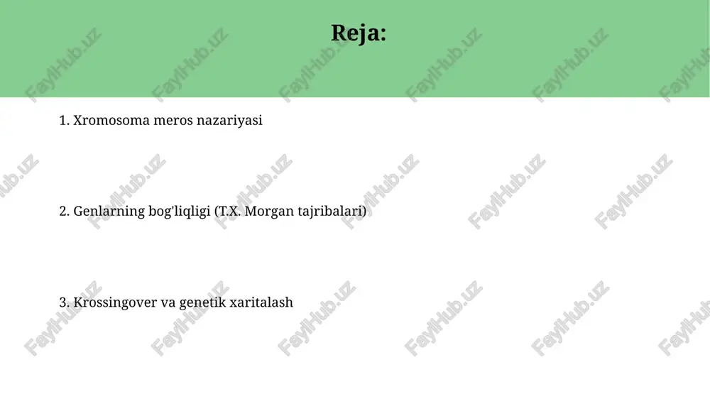 mexanizmi va ahamiyati krossingover - bu gomologik xromosomalar o'rtasida genetik material almashinuvi bo'lib, meyozning profaza i bosqichida, xususan, pakhitena davrida sodir bo'ladi va genetik rekombinatsiyaga olib keladi. mexanizm gomologik xromosomalarning sinapsis hosil qilishini, keyin esa xiazma deb ataladigan nuqtalarda uzilish va qayta birikishini o'z ichiga oladi, bu erda dnk zanjirlari almashinadi. genetik xaritalash va krossingover chastotasi genetik xaritalashda krossingover chastotasi ikki gen o'rtasidagi masofani aniqlash uchun ishlatiladi; 1% krossingover chastotasi xaritada 1 xarita birligiga (m.b.) yoki 1 sentimorganga (sm) teng. krossingover chastotasi genlar o'rtasidagi bog'liqlikni aks ettiradi; yuqori chastota genlar bir-biridan uzoqroqda joylashganligini ko'rsatadi, 50% dan yuqori bo'lsa, ular bog'lanmagan hisoblanadi. xromosoma nazariyasining ahamiyati va rivojlanish istiqbollari xromosoma nazariyasi genetik kasalliklarni aniqlashda va davolashda katta ahamiyatga ega, chunki u 23 juft xromosomada joylashgan mutatsiyalarni tushunishga yordam beradi. kelajakda, xromosoma nazariyasi crispr kabi gen tahrirlash texnologiyalari bilan birgalikda irsiy kasalliklarni butunlay yo'q qilishga olib kelishi mumkin, 99% muvaffaqiyat darajasi bilan. e'tiboringiz …