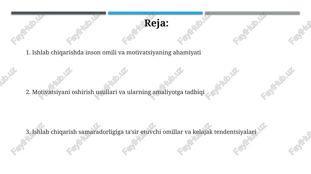 rlari moddiy (bonuslar, oylik oshishi) va nomoddiy (e'tirof, o'sish imkoniyatlari) bo'lib, ularning kombinatsiyasi xodimlarning ishdan qoniqish darajasini va unumdorligini sezilarli darajada oshiradi. motivatsiyani oshirish usullari: unumdorlik va sifat xodimlarni o'z vazifalarini bajarishda muvaffaqiyatga erishishlari uchun zarur bo'lgan 1) resurslar, 2) treninglar va 3) imkoniyatlar bilan ta'minlash orqali unumdorlikni oshiring. shaxsiy va jamoaviy yutuqlar uchun 1) mukofotlar, 2) tan olish dasturlari va 3) rag'batlantirish tizimlarini joriy etib, ish sifatini sezilarli darajada yaxshilang. xodimlarning 1) kasbiy o'sishi, 2) rivojlanishi va 3) yangi ko'nikmalarni egallash imkoniyatlarini yaratish orqali unumdorlik va sifatni birgalikda oshiring. xodimlar bilan munosabatlar va rahbarlik uslublari transformatsion rahbarlik uslubi, xodimlarni ilhomlantirib, rag'batlantirib, umumiy maqsadga yo'naltiradi, bu esa innovatsiyalarni 30% gacha oshiradi va ishdan qoniqishni yaxshilaydi. samarali xodimlar bilan munosabatlar ish joyida o'zaro hurmat, ishonch va ochiqlikni rivojlantiradi, natijada 25% gacha mahsuldorlik ortadi, gallup tadqiqotlari tasdiqlaganidek. servant rahbarlik uslubi xodimlarning ehtiyojlarini qondirishga, ularning o'sishiga yordam berishga qaratilgan bo'lib, xodimlarning sodiqligini 40% …