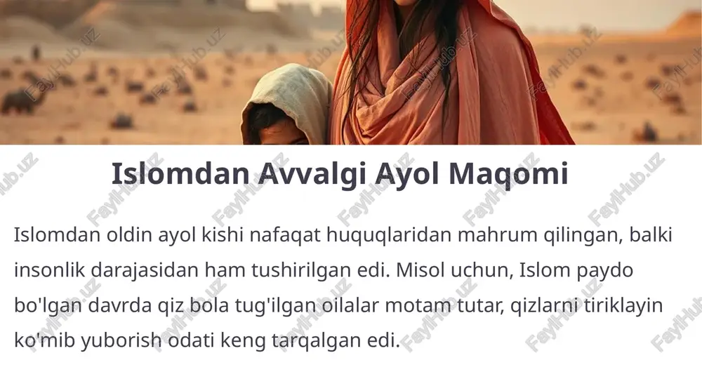 oyamizga oldik. kimga omonlik bergan bo'lsang, biz ham unga omonlik berdik." bu voqea islomda ayolning ijtimoiy va siyosiy mavqeini yaqqol ko'rsatib turadi. meros huquqi va adolat tamoyillari islomdan oldin ayol kishi merosdan mutlaqo mahrum qilinardi. eri o'lganda esa, ayolning o'zi meros tariqasida erining qarindoshlaridan biriga tegardi. zulm hukmiga barham islom bu zolim hukmlarni bekor qilib, ayol kishining ham merosdan nasibasi borligini e'lon qildi. qur'oniy ko'rsatma niso surasi 7-oyatda shunday deyiladi: "erkaklar uchun ota-ona va qarindoshlar qoldirgan narsadan nasiba bor. ayollar uchun ham ota-ona va qarindoshlar qoldirgan narsadan nasiba bor. ozidan ham, ko'pidan ham. farz qilingan nasiba o'laroq." siyosiy ishtirok: bay'at huquqi islomda davlat rahbarini saylash va unga itoatni e'lon qilish "bay'at" deb ataladi. bu eng muhim siyosiy huquqlardan biri bo'lib, qur'oni karimda erkaklar bilan bir qatorda ayollarga ham bay'at qilish huquqi berilgan. mumtahana surasi 12-oyat: "ey nabiy, agar mo'minalar huzuringga kelib, allohga hech narsani shirk keltirmaslik, o'g'rilik qilmaslik, zino qilmaslik, …