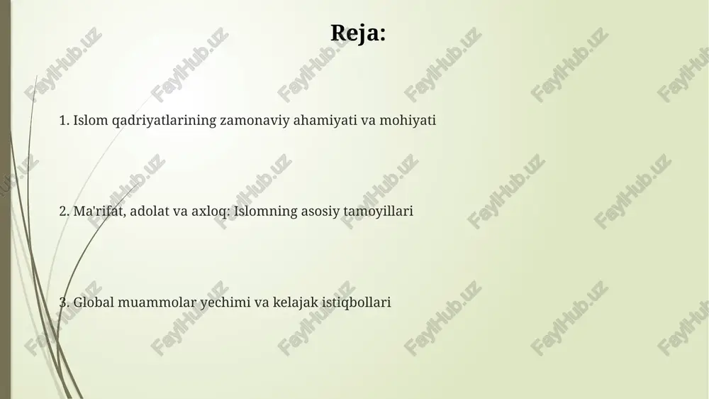 uda munozaralar tashkil etish va kelishmovchiliklarni bartaraf etish zarur. yosh avlodni tarbiyalashda islom qadriyatlarining roli islomiy qadriyatlar yosh avlodga halollik, adolat va mehribonlik kabi axloqiy tamoyillarni singdirish orqali jamiyatda ijobiy o'zgarishlarga erishish uchun muhim rol o'ynaydi. ta'lim va tarbiyada qur'on va sunnatga asoslangan bilimlar berish, yoshlarning dunyoqarashini kengaytirib, 21-asr muammolariga yechim topishda yordam beradi. oila qadriyatlarini mustahkamlash orqali yoshlar ota-onalariga hurmat, qarindoshlarga mehr-oqibat ko'rsatishni o'rganib, mustahkam ijtimoiy tuzilmani yaratishga hissa qo'shadi. islom ma'rifatining kelajak istiqbollari va rivojlanish yo'llari islomiy tadqiqot markazlari va universitetlar yangi 3.0 o'quv dasturlarini ishlab chiqish orqali zamonaviy muammolarga yechim topishga yo'naltiriladi, shu bilan birga, an'anaviy qadriyatlarni saqlab qoladi. islom ma'rifatining kelajak istiqbollari raqamli texnologiyalar orqali kengayadi, masalan, onlayn kurslar va 2.0 veb-saytlar orqali ta'lim resurslaridan foydalanishni osonlashtirish orqali. kelajakda islomiy ma'rifat 5.0 avlodga global miqyosda dinlararo hamkorlikni rivojlantirish, tinchlik madaniyatini targ'ib qilish va umumiy insoniy qadriyatlarga e'tibor qaratish imkonini beradi. e'tiboringiz uchun rahmat