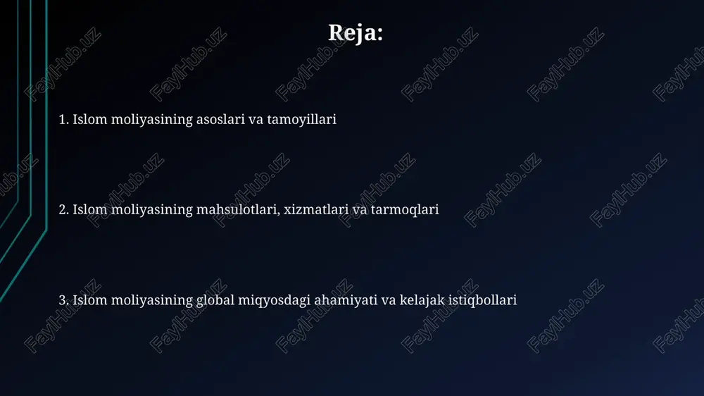 nligi sababli, spekulativ pufakchalarni kamaytiradi va real iqtisodiy o'sishga 20-30% ko'proq hissa qo'shishi mumkin, lekin murakkablik shaffoflikni cheklaydi. shariatga muvofiqlik qoidalari innovatsiyalarni cheklashi mumkin, natijada standart bank mahsulotlariga 15-25% qimmatroq alternativlar paydo bo'ladi, bu esa mijozlar uchun kamroq variantlarni anglatadi. islomiy moliyani tartibga solish va nazorat qilish islomiy moliyaviy muassasalar odatda o'zlarining shariatga muvofiqligini nazorat qilish uchun shariat kengashlariga ega, bu kengashlar har bir operatsiyaning islomiy tamoyillarga mos kelishini ta'minlaydi. tartibga solish nuqtai nazaridan, islomiy moliyaviy muassasalar ko'pincha mahalliy qonunchilik va xalqaro standartlar, masalan, islom moliyaviy xizmatlar kengashining (ifsb) standartlari bilan bir vaqtda tartibga solinadi. islomiy moliyaning kelajak istiqbollari va ijtimoiy ta'siri islomiy moliya 2028 yilgacha 3,8 trillion dollarga yetishi kutilmoqda, bu barqaror investitsiyalar va ijtimoiy mas'uliyatli loyihalarni moliyalashtirishni oshiradi. mikro moliya orqali ijtimoiy ta'sir kambag'allikni kamaytirish, ta'lim va sog'liqni saqlashni rivojlantirishga qaratilgan, ayniqsa, 1,8 milliard musulmon aholisiga e'tibor qaratiladi. e'tiboringiz uchun rahmat image1.png image2.jpg image3.jpg image4.jpg image5.jpg image6.jpg image7.jpg …