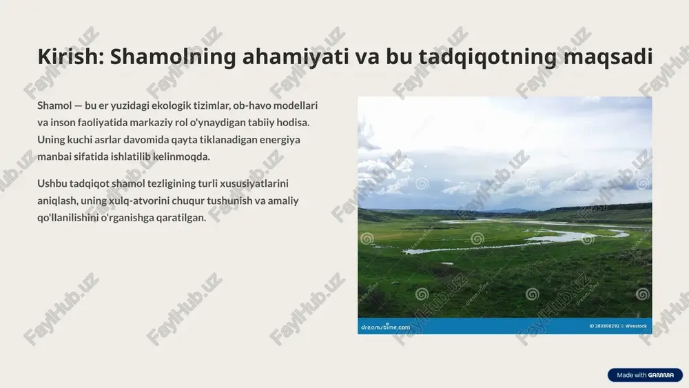 ashorat qilish va turbinalarning samaradorligini optimallashtirishga yordam beradi. 6 shamol tezligining geografik va topografik bog'liqligi shamol tezligi geografik joylashuv va topografik xususiyatlarga bog'liq ravishda sezilarli darajada o'zgaradi. geografik joylashuv: qirg'oqbo'yi hududlari, ochiq dashtlar va tog'li joylar shamolning turli tezliklarini namoyish etadi. topografiya: tog'lar, vodiylar, o'rmonlar va shaharlar shamol oqimiga to'g'ridan-to'g'ri ta'sir ko'rsatib, uni tezlashtirishi yoki sekinlashtirishi mumkin. yer qoplami: silliq yuzalar (masalan, suv) shamol tezligini oshirsa, g'adir-budur yuzalar (masalan, o'rmonlar) uni kamaytiradi. 7 shamol resurslarini baholash va energiya salohiyati shamol xaritalari shamol resurslarini aniqlash va baholash uchun muhim vosita bo'lib, hududiy salohiyatni ko'rsatadi. turbina tanlovi shamol tezligiga mos keladigan turbina turini tanlash energiya ishlab chiqarish samaradorligini oshiradi. energiya ishlab chiqarish shamol tezligi va uning barqarorligi shamol elektr stansiyalarining umumiy salohiyatini belgilaydi. shamol resurslarini to'g'ri baholash qayta tiklanadigan energiya sohasida investitsiyalarni optimallashtirishga yordam beradi. 8 tadqiqot natijalarini amaliyotga tatbiq etish shamol energetikasi: yangi shamol elektr stansiyalarini qurish uchun eng maqbul joylarni …