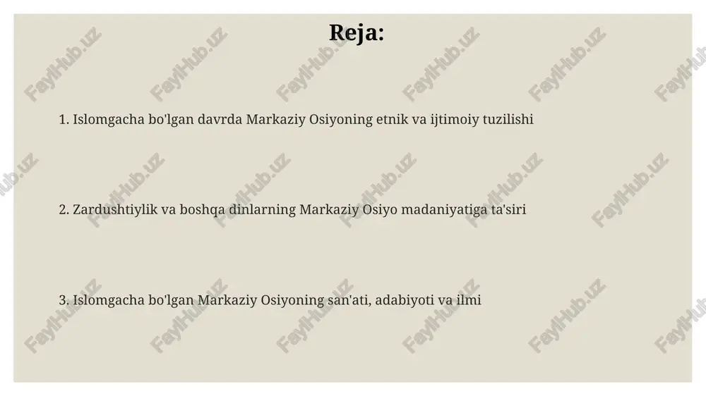r ko'rsatdi. buddizmning tarqalishi buddaviylik monastirlarining, masalan fayoztepa va qoratepa kabi, qurilishiga olib keldi. bu monastirlar ilm-fan, san'at va ma'rifat markazlari sifatida xizmat qildi. manixeylik va nestorianlikning roli manixeylik markaziy osiyoda keng tarqalib, buddizm, zardushtiylik va xristianlik elementlarini o'z ichiga olgan sinkretik ta'limot sifatida 3-asrda paydo bo'ldi. nestorianlik, xristianlikning bir tarmog'i, 5-asrda markaziy osiyoga kirib keldi va savdo yo'llari orqali tarqalib, mahalliy aholi orasida o'z izdoshlarini topdi. manixeylik matnlari 8-asrda uyg'ur xoqonligida davlat dini darajasiga ko'tarilib, madaniy va siyosiy hayotga sezilarli ta'sir ko'rsatdi. turkiy xalqlar e'tiqodlari shamanizm turkiy e'tiqodning muhim qismi bo'lib, shamanlar ruhlar dunyosi bilan aloqa o'rnatuvchi vositachilar hisoblangan va davolash, bashorat qilish kabi 9 ta vazifalarni bajargan. turkiy xalqlar tangrichilikka e'tiqod qilgan, bunda yagona oliy kuch tangri bo'lib, u osmon, yorug'lik va unumdorlik timsoli sifatida qabul qilingan, hamda 360 ruh unga bo'ysungan. ota-bobolar ruhiga sig'inish keng tarqalgan bo'lib, marhum ajdodlar oila farovonligiga ta'sir ko'rsatishi mumkin deb hisoblangan va …