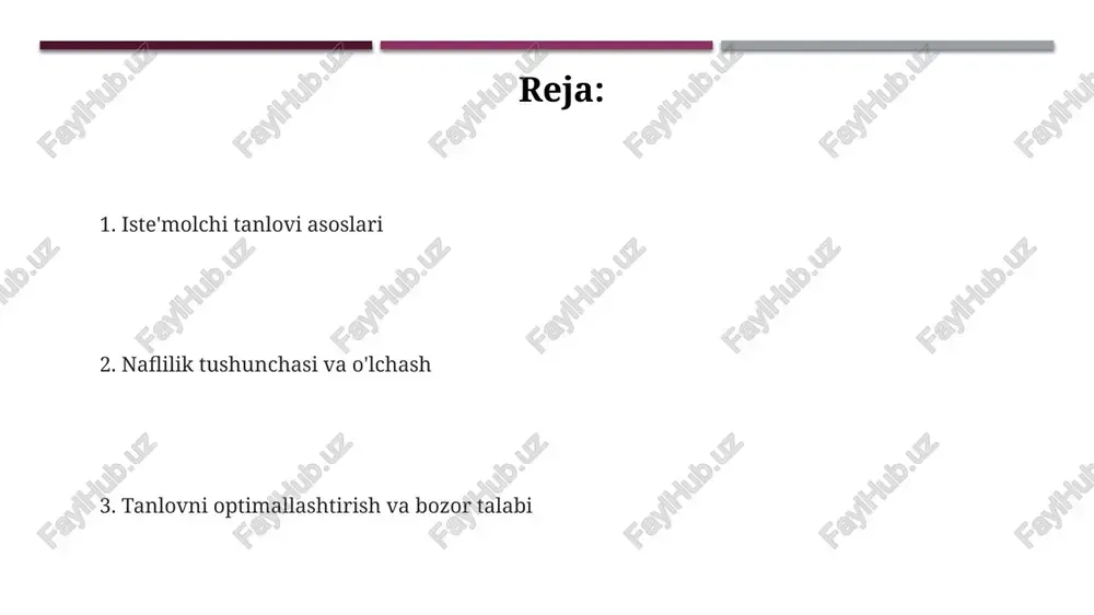 naflilik - bu iste'mol qilingan har bir qo'shimcha birlik mahsulotdan olingan qo'shimcha qoniqish yoki naflilik o'lchovidir. kamayib boruvchi naflilik qonuni shuni ko'rsatadiki, iste'mol qilinayotgan mahsulot miqdori ortishi bilan, har bir qo'shimcha birlikdan olinadigan naflilik kamayadi. masalan, birinchi pizza dilimining nafliligi 10 bo'lsa, ikkinchi dilimniki 7, uchinchiniki esa 4 bo'lishi mumkin, bu kamayish tendensiyasini ko'rsatadi. bezoʻqlik egri chiziqlari bezoʻqlik egri chiziqlari odatda konveks bo'ladi, bu esa tovarlarning marginal o'rnini bosish darajasini (mrs) ifodalaydi. mrs kamayishi qonuni egri chiziqning shaklini belgilaydi. bezoʻqlik egri chiziqlari iste'molchining bir xil darajadagi naflilikni ta'minlaydigan tovarlar to'plamini ko'rsatadi. yuqoriroq egri chiziqlar ko'proq naflilik darajasini aks ettiradi. bezoʻqlik egri chiziqlari kesishmaydi. agar ular kesishsa, tranzitivlik qoidasi buziladi, ya'ni iste'molchi bir vaqtning o'zida ikki xil naflilik darajasiga ega bo'ladi. byudjet cheklovi daromadning oshishi byudjet chizig'ini o'ngga parallel ravishda siljitadi, iste'molchiga ko'proq tovar xarid qilish imkoniyatini beradi. misol uchun, oylik daromad 500 000 so'mdan 700 000 so'mga oshishi. byudjet cheklovi …