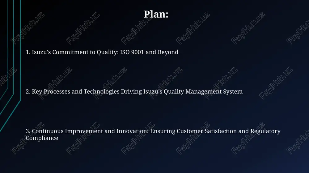 principles. this ensures efficient workflows and consistent product and service realization. document control is fundamental, including versions of engineering drawings. isuzu meticulously maintains documentation, ensuring traceability and compliance with the iso 9001 standard requirements. isuzu's engineering & manufacturing excellence isuzu implements robust process validation in manufacturing, ensuring 95% conformance to engineering specifications through rigorous testing and statistical process control methods, guaranteeing product reliability. isuzu’s engineering standards incorporate advanced materials science, improving engine durability by 20% compared to previous models, achieved through finite element analysis and stringent validation protocols. their manufacturing processes leverage automation and lean principles, reducing production cycle time by 15% and minimizing waste, aligning with iso 9001 for optimized product realization. data-driven improvement & innovation at isuzu employing data analysis from customer feedback and internal audits, isuzu identifies areas for product and process enhancement, fostering innovation resulting in a 10% increase in customer satisfaction. isuzu utilizes advanced statistical …