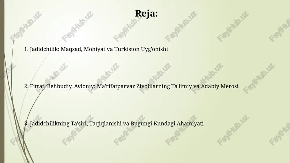 anlar kiritilgan. ular zamonaviy ta'lim berishga intilgan. ushbu maktablarda 3 yildan 5 yilgacha bo'lgan o'qish davri joriy etilib, o'quvchilarning savodxonligini oshirish, milliy ongini shakllantirish maqsadida darslar olib borilgan. jadid adabiyotining tarbiyaviy roli: axloqiy ideallar va milliy ruh jadid adabiyoti yosh avlodni komil inson bo'lishga undar, 9 axloqiy sifatni singdirar, vatanparvarlik va ilmga intilish kabi ideallarni targ'ib etardi. asarlarda 5 muhim milliy ruh unsuri aks etardi: o'zlikni anglash, tarixni hurmat qilish, tilni qadrlash, milliy urf-odatlarni saqlash va 4 mustaqillikka intilish. jadid ziyolilarining jamiyatdagi o'rni: millat kelajagi uchun kurash jadid ziyolilari jamiyatda o'qituvchi, jurnalist va dramaturg sifatida xizmat qilib, xalqni savodxonlikka undadi, milliy o'zlikni shakllantirdi va madaniy yuksalishga hissa qo'shdi. jadidlar 20-asr boshida turkistonda milliy uyg'onish harakatining yetakchilari bo'lib, ular jamiyatni modernizatsiya qilish, ma'rifat tarqatish va milliy davlatchilikni tiklash uchun kurashdilar. jadid matbuotining ma'rifiy ta'siri: xalqni uyg'otish quroli jadid matbuoti 1900-yillarning boshlarida turkiston xalqlarini uyg'otishda muhim rol o'ynadi, milliy ongni shakllantirib, ma'rifatni …