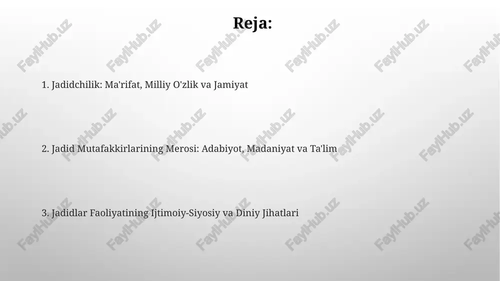 kni anglashga qo'shgan hissasi jadidlar islomni modernizatsiya qilishga intilib, qur'on va hadisni zamonaviy talqin qilish orqali ilmni targ'ib qildi, 19-asr oxirida milliy o'zlikni mustahkamladi. jadidlar milliy o'zlikni anglashda til, tarix va madaniyatni birlashtiruvchi omil sifatida ko'rsatdi, bu 20-asr boshlarida turkistonda milliy uyg'onishga turtki bo'ldi. jadidlarning ayollar huquqlari uchun kurashi va turkiston jamiyatiga ta'siri jadidlar 20-asr boshlarida ayollarning ta'lim olish huquqini faol qo'llab-quvvatladilar, yangi usuldagi maktablarda qizlar uchun alohida sinflar ochdilar. jadidlar ayollarning ijtimoiy hayotda faol ishtirok etishi tarafdori edilar, bu orqali jamiyatning 30-40%ni tashkil etuvchi ayollarning salohiyatini oshirishni maqsad qilgan. jadid merosining hozirgi kundagi ahamiyati va ta'qibi jadid merosi bugungi kunda milliy o'zlikni anglash, ma'naviy yuksalish va ta'limni rivojlantirishda muhim ahamiyatga ega, ayniqsa 20-asr boshidagi intilishlar orqali. sovet davrida jadidchilik ta'qib qilingan bo'lsa-da, ularning g'oyalari 1990-yillardan so'ng mustaqillik yillarida qayta tiklandi va o'rganila boshlandi, merosni asrash muhim. e'tiboringiz uchun rahmat image3.png image4.png image5.jpg image6.png image7.png image8.png image9.jpg image10.jpg image1.png
