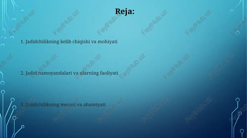 qaratilgan edi. ular 6-10 yoshli bolalarni yangi uslubdagi maktablarda o'qitish tarafdori edilar. jadidlar diniy islohotlar orqali jamiyatni yangilashga intildi, ammo ularning ko'pchiligi an'anaviy islomiy e'tiqodlarni saqlab qolgan. ular 19-20 asrlarda diniy modernizmni targ'ib qildilar. sovet davridagi taqdiri va zamonaviy o'rganishlar sovet davrida jadidlar 1920-1930-yillarda qatag'on qilinib, millatchilikda ayblanib, ko'plari qatl etildi yoki surgun qilindi. jadid merosi o'rganishga taqiqlandi. xx asr oxirida jadidchilikka qiziqish ortdi, ularning faoliyati va adabiy merosi qayta baholanib, tadqiqotlar olib borildi, kitoblar nashr etildi. taniqli jadid namoyandalari va ularning ahamiyati abdulla avloniy 1904-yilda "maktab usuli jadid" maktabini ochdi va pedagogik qarashlari bilan o'zbek ma'rifatiga katta hissa qo'shdi, milliy teatr asoschilaridan biri edi. mahmudxo'ja behbudiy 1914-yilda "padarkush" dramasi orqali o'zbek teatriga asos soldi va "oyna" jurnalini nashr etib, jadid g'oyalarini tarqatishda faol ishtirok etdi. e'tiboringiz uchun rahmat image3.jpg image4.jpg image5.jpg image6.jpg image7.jpg image8.jpg image9.jpg image2.png