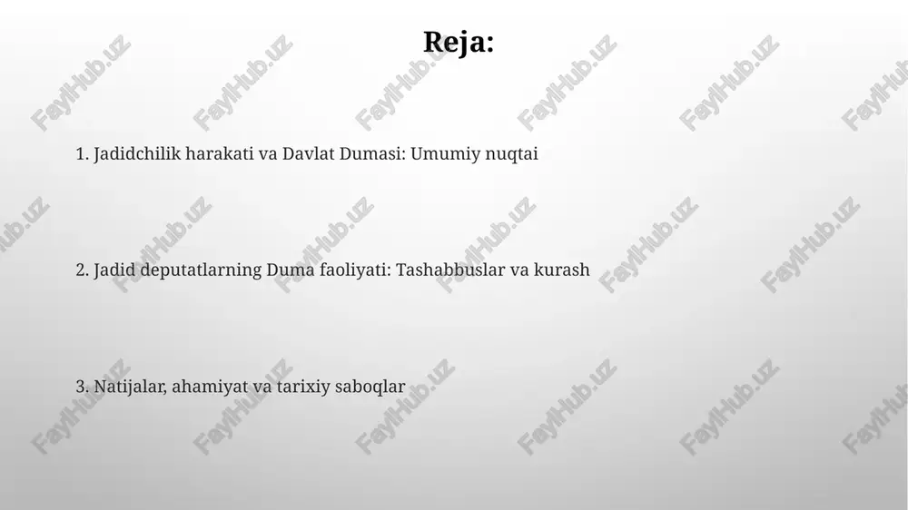 shda ishtirok etgan. jadid deputatlarning qonunchilik tashabbuslari jadid deputatlari mahalliy aholi uchun sud jarayonlarida o'z ona tilidan foydalanish huquqini ta'minlashga qaratilgan 1906-yilgi jinoyat kodeksiga o'zgartirishlar kiritishni taklif qilishdi. ular musulmon aholisining huquqiy maqomini aniqlashtirishga va ularning diniy sudlarining vakolatlarini 1908-yilgi qonun loyihasi orqali kengaytirishga harakat qilishdi. ta’lim masalalari bo'yicha faoliyat jadid deputatlari 1906-1917 yillarda xalq ta'limini rivojlantirish uchun duma minbaridan foydalangan holda, mahalliy maktablar uchun davlat mablag'larini ko'paytirishni talab qildilar. ular, ayniqsa, musulmon maktablarida dunyoviy fanlarni o'qitishni kengaytirish va mahalliy tillarni o'rganishni qo'llab-quvvatladilar, bu esa 1908 yildan boshlab munozaralarga sabab bo'ldi. madaniy va diniy huquqlarni himoya qilish jadid deputatlari musulmon maktablari (maktablar) uchun davlat tomonidan ko'proq moliyalashtirishni talab qildilar va 1906-yildan keyin ta'lim sohasida joriy etilgan cheklovchi siyosatga qarshi chiqishdi. duma a'zolari bo'lgan jadidlar musulmon diniy sudlarining (qozilar) faoliyatini tartibga solishga qaratilgan qonun loyihalarini qo'llab-quvvatladilar va ularning mustaqilligini mustahkamlashni maqsad qildilar. milliy o'zlikni anglash va birlik uchun kurash jadid deputatlari …