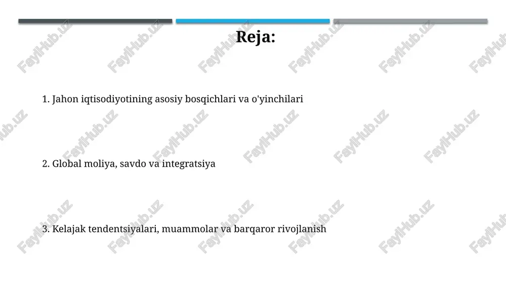 oliyaviy inqiroz kabi xavflarni ham o'z ichiga oladi. xalqaro valyuta jamg'armasi (xvj) va jahon banki kabi institutlar global moliyaviy barqarorlikni ta'minlash va 1944-yilgi bretton vuds kelishuvidan keyin tashkil etilgan muammolarni hal qilish uchun muhim rol o'ynaydi. iqtisodiy integratsiya va mintaqaviy bloklar iqtisodiy integratsiyaning 5 bosqichi mavjud: preferensial savdo hududi, erkin savdo hududi, bojxona ittifoqi, umumiy bozor va iqtisodiy ittifoq, har biri savdo to'siqlarini kamaytiradi. mintaqaviy bloklar, masalan yevropa ittifoqi (ei) va shimoliy amerika erkin savdo kelishuvi (nafta), a'zo davlatlar o'rtasida iqtisodiy o'sish va siyosiy hamkorlikni rag'batlantiradi. rivojlanayotgan bozorlar va rivojlangan davlatlar rivojlangan davlatlar yuqori yaimga ega, lekin rivojlanayotgan bozorlar 2000-yildan beri iqtisodiy o'sish sur'atlari bo'yicha ulardan ustun kelmoqda, bu global iqtisodiy kuchning o'zgarishini ko'rsatadi. rivojlanayotgan mamlakatlarda aholining o'rtacha yoshi pastroq, demak, mehnatga layoqatli aholi ko'p, bu esa kelgusi 10-20 yil ichida iqtisodiy imkoniyatlar yaratadi. texnologiya va innovatsiyalarning ta'siri sun'iy intellekt (ai) va avtomatlashtirishning rivojlanishi 2030-yilgacha ishlab chiqarishni 15% ga oshirishi …