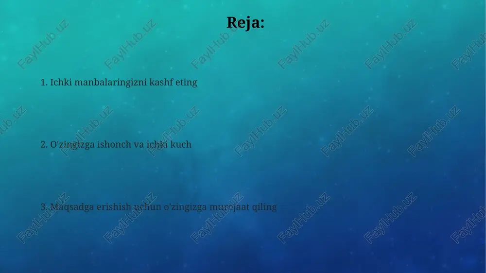 rning muvozanati ruhiy salomatlik uchun muhim. shaxsning o'zini anglash darajasi 5 asosiy omilga bog'liq: o'z-o'zini hurmat qilish, o'ziga ishonch, shaxsiy qadriyatlar, maqsadlar va o'zini qabul qilish, ularni rivojlantirish muhim. psixologiyada o'z-o'zini anglash 4 bosqichda shakllanadi: tanqidiy baholash, qabul qilish, tushunish va takomillashtirish, har biri shaxsiy o'sish uchun zarur. amaliy qadamlar: ichki o'sishga erishish har kuni 15 daqiqa tinchlanib, o'zingizning his-tuyg'ularingizni kuzating va ularni tushunishga harakat qiling. bu ichki jarayon, shuning uchun baholashdan saqlaning. o'zingizning qadriyatlaringizni aniqlang va har kuni ularga muvofiq harakat qiling. masalan, adolat bo'lsa, 10 daqiqa adolat uchun harakat qiling, bu ichki o'sishga turtki beradi. o'zingizning komfort zonangizdan tashqariga chiqing va har hafta yangi narsani o'rganing yoki sinab ko'ring. misol uchun, yangi kursga yoziling va 30 daqiqa vaqt ajrating. xulosa: o'zingga ishon va ichingdan izla qiyinchiliklardan qo'rqmang: ichki resurslaringiz 90% qiyin vaziyatlarda yuzaga keladi. o'zingizga ishoning va har qanday to'siqni yenga olasiz. 100% o'zingizga ishoning: ichki kuchingiz va …