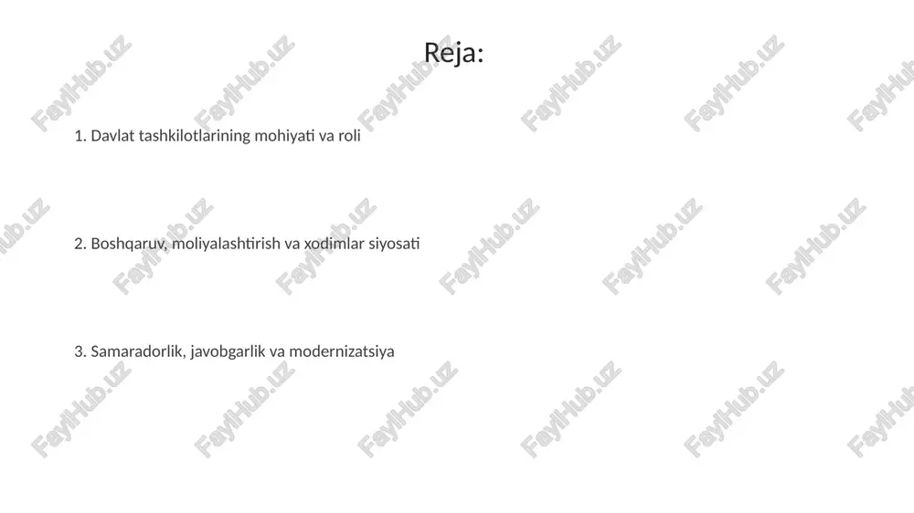 cha darajalarni o'z ichiga oladi va aniq boshqaruv zanjirini ta'minlaydi. boshqaruv usullari davlat tashkilotlarida maqsadli boshqaruv usuli, xodimlarning shaxsiy va tashkiliy maqsadlarini uyg'unlashtirib, 5-yillik strategik rejalarni tuzishda muhim ahamiyatga ega. byudjetlashtirishda ishtirokchilik usuli, xodimlar va bo'limlar o'rtasida moliyaviy resurslarni taqsimlash bo'yicha muzokaralar orqali 70% ko'proq samaradorlikka erishishga yordam beradi. davlat tashkilotlarida kpi (asosiy ko'rsatkichlar) asosidagi boshqaruv usuli, 3 oylik davrlarda faoliyat natijalarini baholash va 15% ga yaxshilashga qaratilgan. davlat siyosatidagi roli davlat tashkilotlari ijtimoiy-iqtisodiy siyosatni shakllantirishda muhim rol o‘ynaydi, 2024-yilda investitsiya loyihalarining 75 foizini amalga oshirish orqali iqtisodiy o‘sishni rag‘batlantiradi. ular mamlakatning ustuvor yo‘nalishlarini amalga oshirish uchun mo‘ljallangan dasturlarni ishlab chiqadi va boshqaradi, 2030-yilgacha kambag'allikni 50% ga kamaytirish strategiyasini qo'llab-quvvatlaydi. davlat tashkilotlari aholining turli guruhlari manfaatlarini himoya qiladi, masalan, ta’lim sohasida kamida 95% qamrovni ta'minlash orqali ijtimoiy barqarorlikni ta'minlashga hissa qo'shadi. byudjet va moliyalashtirish davlat tashkilotlarining byudjeti asosan soliq tushumlari va boshqa davlat daromadlari hisobidan shakllanadi, bu mablag'lar belgilangan maqsadlarga …