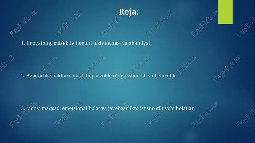 i, bu esa jazo yengillashishiga olib kelishi mumkin. ruhiy kasalliklar, aqli zaiflikning yengil darajasi bo'lmagan, lekin shaxsning ongini susaytiradigan holatlar jazo tayinlashda hisobga olinadi, javobgarlikdan ozod qilmaydi, lekin yengillashtiruvchi omil hisoblanadi. xato (error): turlari va huquqiy oqibatlari xato (error) ikki turga bo'linadi: fakt bo'yicha xato (fact error) va huquq bo'yicha xato (law error). fakt bo'yicha xato ob'ektiv haqiqatni noto'g'ri tushunish bilan bog'liq. huquq bo'yicha xato (error of law) jinoyat huquqi normalari haqida noto'g'ri tasavvurga ega bo'lishni anglatadi, lekin bu aybni istisno qilmaydi (o'zr jk 20-modda). javobgarlikni istisno qiluvchi holatlar javobgarlikni istisno qiluvchi holatlarga zaruriy mudofaa kiradi; bunda shaxs o'zini himoya qilishda qonunda belgilangan chegaradan oshib ketmasligi, 37-modda talablariga rioya qilishi shart. o'ta zarurat holati javobgarlikni istisno qiladi, bunda shaxsga yoki boshqa shaxslarga tahdid solayotgan xavfni bartaraf etish uchun zaruriy choralar ko'riladi, jk 38-modda asosida. e'tiboringiz uchun rahmat image6.jpg image7.jpg image8.jpg image9.jpg image10.jpg image11.jpg image12.jpg image2.png image3.png image4.png image5.png