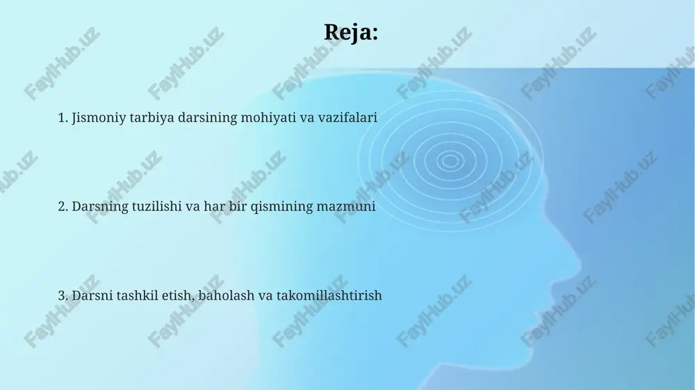 tadi, bunda asosiy jismoniy mashqlar, texnikalar o'rgatiladi va rivojlantiriladi. bunda, masalan, 8-10 ta mashqni 3-4 marta takrorlash mumkin. isinish mashqlari isinish mashqlari yurak urish tezligini daqiqasiga 60-80 urishdan 100-120 urishgacha asta-sekin oshirishi kerak, bu esa mushaklarga kislorod yetkazib berishni optimallashtiradi. statik cho'zish isinishning boshida tavsiya etilmaydi, aksincha dinamik harakatlar, masalan, qo'llarni aylantirish va oyoqlarni silkitish, mushaklarni faollashtirish uchun afzalroqdir. isinishning davomiyligi odatda 5 dan 10 daqiqagacha bo'lishi kerak, mashqning intensivligiga va o'quvchilarning yoshiga qarab, asosiy mashqlarga tanani tayyorlash uchun yetarli vaqt beradi. asosiy qismda ishlatiladigan mashqlar kuch mashqlarida gavda va oyoq muskullarini mustahkamlash uchun 3-4 xil mashqlar bajariladi. masalan, turnikda tortilish, shtangani ko'tarish yoki press qilish, har biri 8-12 marta takrorlanishi kerak. asosiy qismda 6-8 xil mashqlar qo'llanilishi mumkin, masalan, yugurish, sakrash, uloqtirish va to'siqlardan o'tish. bu mashqlar motor qobiliyatlarini rivojlantiradi va 70-80% vaqtni egallaydi. tezlik va chaqqonlikni rivojlantirish uchun 2-3 ta mashqlar ishlatiladi, masalan, 30-60 metrlik sprintlar, shuttle yugurish …