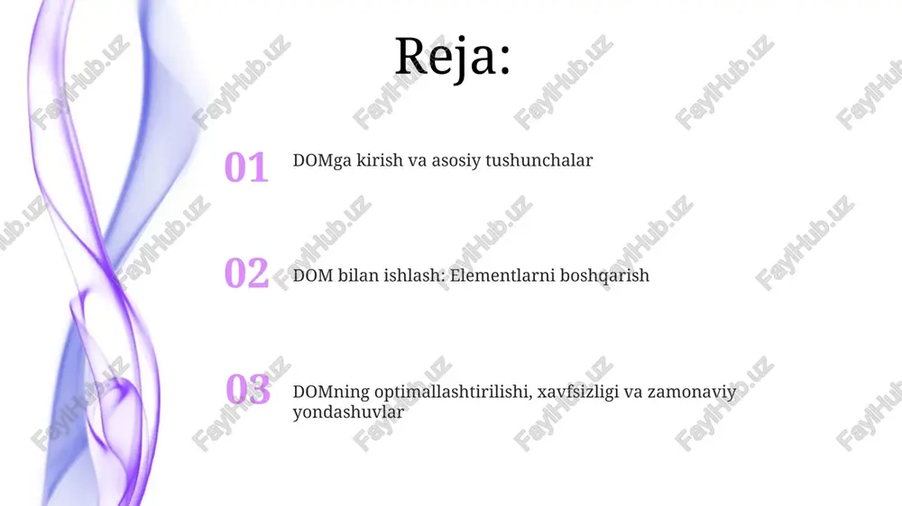 shqasi bilan almashtirish imkonini beradi, bunda yangi element (newchild) avvalgi elementning (oldchild) o'rnini egallaydi, elementlar ota-onasini ko'rsatish bilan bog'liq. element.remove() metodi elementni domdan butunlay o'chiradi, shu bilan birga unga tegishli barcha voqea tinglovchilarini (event listeners) ham olib tashlaydi, lekin xotiradan tozalamaydi. element atributlari bilan ishlash getattribute() va setattribute() usullari element atributlarining qiymatlarini mos ravishda olish va o'zgartirish uchun ishlatiladi, misol uchun element.getattribute('id') id qiymatini qaytaradi. atributlar html elementlarining xususiyatlarini aniqlaydi. element.src = 'image.jpg' kabi to'g'ridan-to'g'ri kirishdan foydalanish ko'pincha setattribute() dan tezroq va osonroqdir. css uslublarini o'zgartirish javascript orqali elementlarning css uslublarini o'zgartirish, element.style ob'ektidan foydalanib, inline uslublarni belgilash imkonini beradi. masalan, element.style.backgroundcolor = 'red' orqali fon rangini o'zgartirish mumkin. element.classlist xususiyati orqali elementlarga css klasslarini qo'shish, o'chirish yoki almashtirish mumkin. element.classlist.add('active') klassni qo'shsa, element.classlist.remove('hidden') klassni o'chiradi. voqealar bilan ishlash voqea ob'ekti voqea haqida batafsil ma'lumot beradi, masalan, target (voqeani qo'zg'atgan element), currenttarget (tinglovchi biriktirilgan element) va preventdefault() usuli standart harakatni …