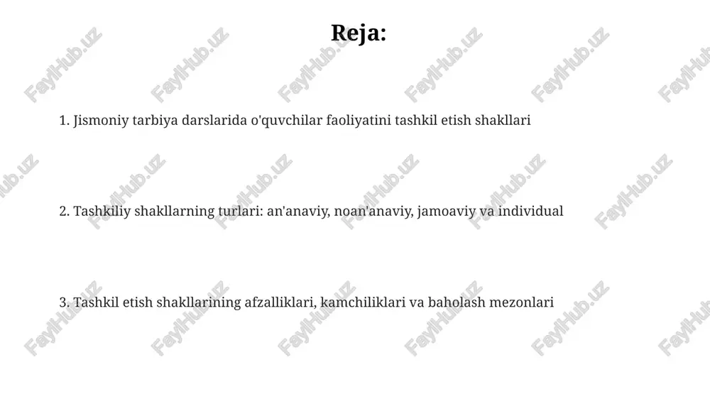 iqni bajaradilar, masalan, raqsga tushish yoki mini-musobaqa uyushtirish. jamoaviy tashkiliy shakllar jamoaviy shakllar, masalan, 2-3 guruhga bo'linish, o'quvchilarga bir-biriga yordam berish va vazifalarni tezroq bajarish imkoniyatini beradi, 60-70% samaradorlikka erishiladi. estafeta o'yinlari jamoaviy shaklning bir turi bo'lib, unda 4-5 o'quvchi ishtirok etadi. bu jamoaviy ruhni oshiradi va 80-90% qiziqish uyg'otadi. guruhli loyihalar, masalan, 10-12 o'quvchidan iborat komandalar bilan, o'quvchilarning kommunikativ ko'nikmalarini rivojlantiradi va 50-60% ko'nikma hosil qilishga yordam beradi. individual tashkiliy shakllar bu shakl 3-5ta mashqni o'z ichiga oladi, bunda o'quvchi texnikani to'g'ri bajarish va jarohatlarning oldini olish uchun 1-2ta repetitor yordamida ishlaydi. individual shakllarda har bir o'quvchi 10-15 daqiqa davomida o'zining jismoniy tayyorgarlik darajasiga moslashtirilgan individual dastur asosida mashq bajaradi. individual shakllar 6-7-sinf o'quvchilari uchun mos keladi, chunki bu yoshda o'quvchilar o'z jismoniy imkoniyatlarini yaxshiroq tushunishadi va mustaqil ishlashga tayyor bo'lishadi. o'quv-mashg'ulot shakllari o'quv-mashg'ulot shakllari darsning 60-70% vaqtini egallashi mumkin, bunda 2-3 daqiqalik tanaffuslar bilan jismoniy zo'riqishni nazorat qilish …