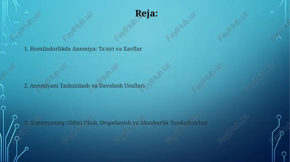 iladorlik davrida kuniga kamida 60 mg temir moddasini iste'mol qilish tavsiya etiladi, shuningdek, s vitaminiga boy ovqatlar yeyish kerak. anemiyaning oldini olish uchun ratsionda temir (go'sht, dukkaklilar), foliy kislotasi (yashil bargli sabzavotlar) va b12 vitaminiga (sut mahsulotlari) boy mahsulotlar bo'lishi kerak, kunlik dozani ta'minlash muhim. tug'ruqdan keyingi davr va kontratseptsiya tug‘ruqdan keyingi davrda anemiya bo‘lgan ayollar progesteron asosidagi kontratseptivlardan foydalanishlari mumkin, chunki ular sut ishlab chiqarishga ta'sir qilmaydi, ammo birinchi 6 hafta ichida ehtiyot bo'lish kerak. anemiyasi bor ayollarda tug‘ruqdan keyingi davrda temir tanqisligi sababli, bachadon qisqarishiga ta'sir qilishi mumkin. shuning uchun, bachadon qisqarishini yaxshilash uchun oksitotsin 10-20 iu dozalarda beriladi. maxsus holatlar va akusherlik taktikalari o'tkir anemiya bilan og'rigan ayollarda qon ketish xavfi yuqori bo'lsa, 32-34 haftalik homiladorlikda tug'ruqni induktsiya qilish va qon quyishga tayyor bo'lish kerak. ko'p homiladorlik holatlarida anemiya tez-tez uchraydi. temir preparatlari dozasi 2-3 barobar oshirilishi, prenatal davrda esa yanada sinchkov monitoring o'tkazilishi kerak. e'tiboringiz uchun …
