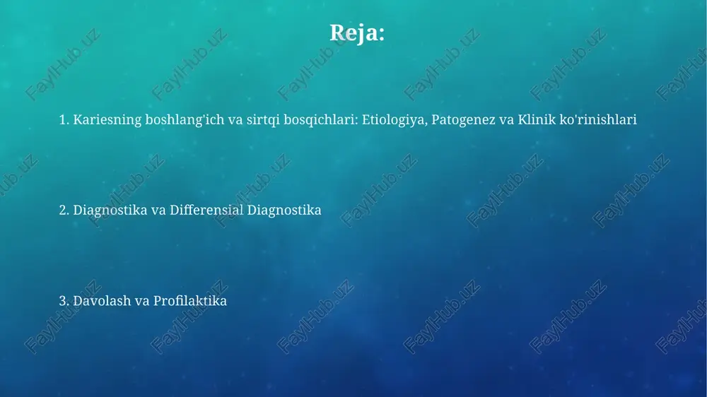 shlov berishni o'z ichiga oladi, bu tish emalining minerallashuvini tiklashga yordam beradi. invaziv davolash sirtki kariyesda shikastlangan to'qimalarni olib tashlashni va keyin kompozit materiallar bilan plomba qo'yishni o'z ichiga oladi, 1-sinf va 2-sinf kovaklarga e'tibor beriladi. profilaktika va prognoz boshlang'ich kariesning profilaktikasi 0.05% natriy ftoridli eritma bilan og'izni chayishni o'z ichiga oladi, bu emalni mustahkamlaydi va 3-6 oylik rejalashtirilgan tekshiruvlar bilan kariesning oldini oladi. sirtki kariesning prognozi, o'z vaqtida remineralizatsiya qilinsa va kuniga kamida ikki marta ftoridli tish pastasi bilan tozalansa, emalning tiklanishi va shikastlanishning to'xtashi bilan ijobiydir. e'tiboringiz uchun rahmat image3.png image4.jpg image5.jpg image6.jpg image7.jpg image8.jpg image9.jpg