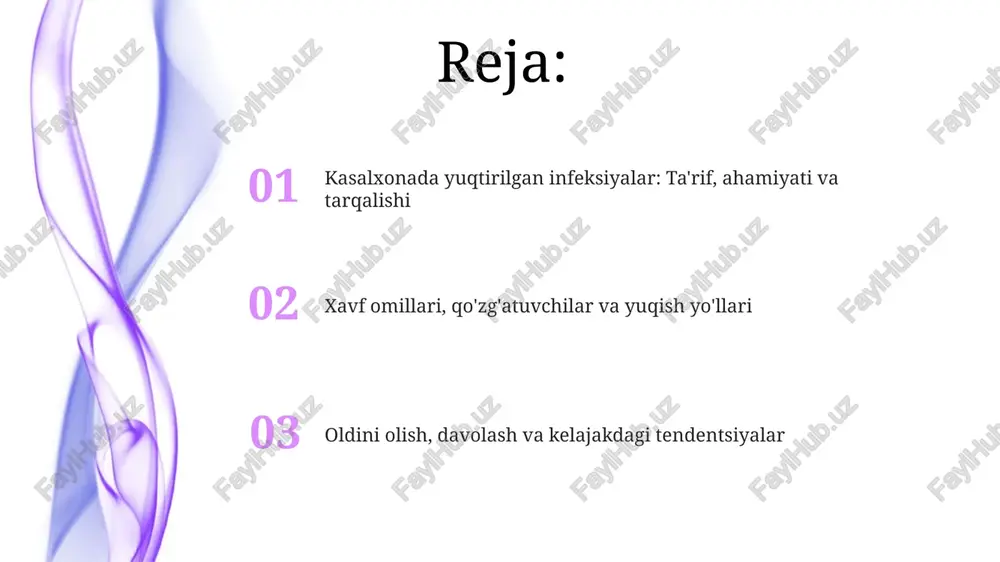 a kuzatib borishni anglatadi. oldini olish va gigiena infektsiya tarqalishini kamaytirish uchun barcha tibbiyot muassasalarida gigiena protokollari va xodimlarni o'qitish bo'yicha muntazam ravishda tekshiruvlar o'tkazish, bunda kamida 95% muvofiqlik ta'minlanishi shart. kasalxonada infektsiyani oldini olishda qo'llarni gigiena qilish muhim ahamiyatga ega, tibbiyot xodimlari har bir bemor bilan aloqadan oldin va keyin kamida 20 soniya davomida qo'llarini sovun bilan yuvishi kerak. davolash va antibiotik rezistentligi davolashda antibiotik rezistentligini yengish uchun kombinatsiyalangan terapiya, yangi avlod antibiotiklar (masalan, lipoglikopeptidlar) va fagoterapiya usullari qo'llaniladi. antibiotik rezistentlik muammosini hal qilishda antibiotiklarni iste'mol qilishni nazorat qilish va har bir shifoxona uchun individual antibiotik nazorat dasturlarini ishlab chiqish muhim ahamiyatga ega. oqibatlar, xarajatlar va kelajak kasalxonadan yuqqan infeksiyalar aqshda yiliga 45 milliard dollardan ortiq xarajatga olib keladi va tibbiy xizmatni sezilarli darajada qimmatlashtiradi, davolanish muddatini uzaytiradi. antibiotiklarga chidamli shtammlar tufayli davolash qiyinlashishi oqibatida o'lim holatlari ortishi mumkin, kelajakda yangi dorilar ishlab chiqish va infeksiyalarni nazorat qilish usullari …