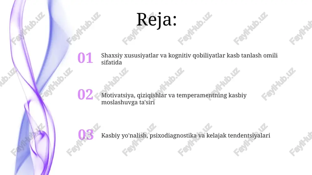 mlilik, kasbiy o'sishda muhim rol o'ynaydi; yuqori mas'uliyatli shaxslar 80% hollarda menejerlik lavozimlariga erishadi. temperamentning 4 asosiy turi (xolerik, sangvinik, flegmatik, melankolik) kasbiy faoliyatda stressga chidamlilik va muloqotchanlik darajasini belgilaydi, bu esa muvaffaqiyatga ta'sir etadi. kasbiy moslashuv va qoniqish omillari kasbiy moslashuvga shaxsiy fazilatlar, 5 ta asosiy xususiyat (ochiq fikrlilik, vijdonlilik, ekstroversiya, kelishuvchanlik va nevrotizm) orqali ta'sir ko'rsatadi, bu esa ish joyidagi muvaffaqiyat va qoniqishni belgilaydi. ish mazmuni va imkoniyatlari kasbiy qoniqishning muhim omili hisoblanadi. masalan, vazifalarning xilma-xilligi, o'sish imkoniyatlari va ish-hayot balansi 70% hollarda qoniqishga ta'sir etadi. kasbiy yo'nalish va maslahatning o'rni kasbiy yo'nalish maslahati 1900-yillarning boshlarida paydo bo'lgan, yoshlarga o'z qobiliyatlariga mos kasb tanlashda yordam beradigan 3 asosiy modelni o'z ichiga oladi. kasbiy maslahat, ayniqsa 21-asrda, shaxsning kognitiv qobiliyatlarini, motivatsiyasini va shaxsiy xususiyatlarini baholab, mos keladigan kasblarni topishga yo'naltirilgan. kasbiy psixodiagnostika usullari kognitiv qobiliyatlarni baholash uchun "ravenning progressiv matritsalari" kabi testlar qo'llaniladi. ular 12-65 yoshdagi shaxslarning mantiqiy fikrlash …