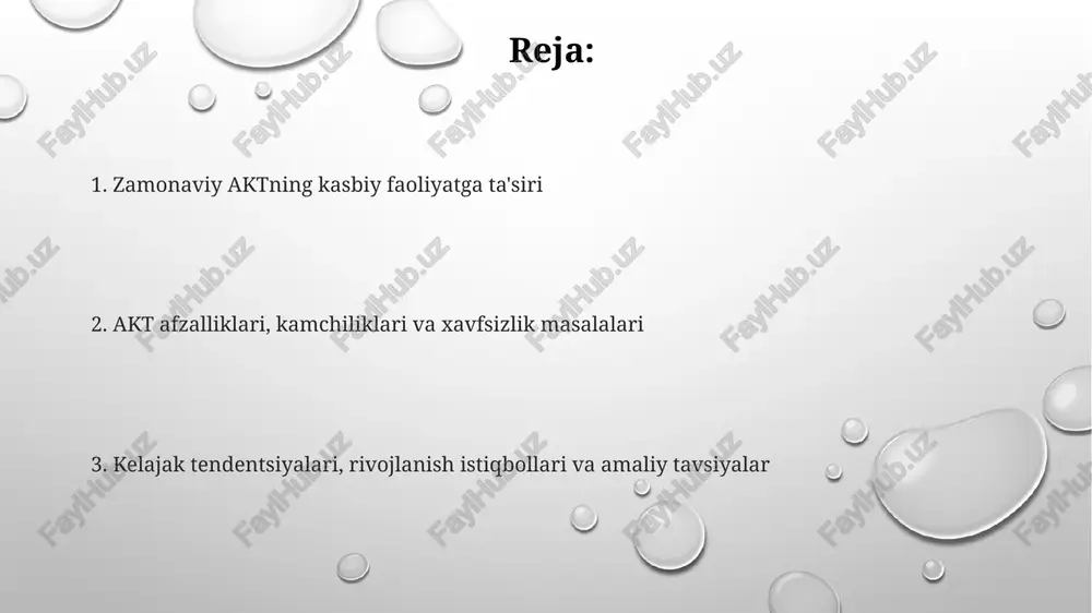esa shaxsiy ma'lumotlar yo'qolishiga olib keldi. kasbiy faoliyatda akt qo'llanilishi: amaliy misollar buxgalteriya hisobi dasturlari, masalan, 1c:buxgalteriya, moliyaviy operatsiyalarni avtomatlashtiradi, xatolarni kamaytiradi va hisobotlarni tezroq tayyorlash imkonini beradi, shu bilan xodimning 25% vaqtini tejaydi. marketing mutaxassislari seo optimallashtirish vositalari (ahrefs, semrush)dan foydalanib, veb-sayt trafigini 40% ga oshirishi va reklamalar samaradorligini 30% ga yaxshilashi mumkin. tibbiyot xodimlari elektron tibbiy yozuvlar (emr) tizimlari orqali bemor ma'lumotlarini xavfsiz saqlashi, ulashishi va tahlil qilishi, diagnostika aniqligini 15% ga oshirishi mumkin. turli sohalarda akt: muvaffaqiyatli tajribalar sog'liqni saqlash sohasida telemeditsina platformalari masofaviy konsultasiyalarni ta'minlaydi, bemorlar uchun qulaylikni oshiradi va shifoxonaga qayta murojaat qilish darajasini 25% ga kamaytiradi. qishloq xo'jaligida, aniq dehqonchilik iot sensorlaridan tuproq namligini o'lchash, ekinlarning hosildorligini 15-20% oshirish uchun ishlatadi, shu bilan birga suv resurslarini optimallashtiradi. ta'limda interaktiv onlayn kurslar va virtual reallik simulyatsiyalari talabalarning bilim olishini 30% ga yaxshilaydi, ularga amaliy tajriba berib, qiziqishni oshiradi. axborot xavfsizligi: tahdidlar va himoya choralari ichki …