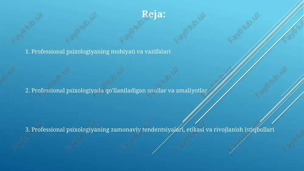 savollardan foydalanadi. anketalar ochiq yoki yopiq savollarni o'z ichiga olgan 50 dan ortiq savolni qamrab olishi mumkin. psixologik diagnostika psixologik diagnostika 3 xil usulni o'z ichiga oladi: testlar, so'rovnomalar va intervyular. ular orqali shaxsning kognitiv qobiliyatlari, shaxsiy xususiyatlari va hissiy holati baholanadi. psixologik diagnostika natijalari asosida 5 asosiy yo'nalish bo'yicha xulosa beriladi: shaxsning psixologik portreti, muammolar sababi, resurslari, prognozi va tavsiyalari. diagnostikada 10 dan ortiq standartlashtirilgan testlar qo'llaniladi, masalan, mmpi, rorschach testi, lusher testi va boshqalar. ularning natijalari statistik me'yorlar bilan solishtiriladi. psixologik maslahat maslahatda psixolog mijozga o'zini yaxshiroq tushunishga yordam beradi, shu bilan birga 3 xil asosiy texnikani: tinglash, empatiya va aks ettirishni qo'llaydi. psixologik maslahat - bu mijozning shaxsiy va kasbiy muammolarini hal qilishga qaratilgan 1 dan 10 gacha seanslardan iborat strukturaviy jarayon. muvaffaqiyatli maslahat nafaqat mijozning muammolarini hal qilish, balki uning o'ziga bo'lgan ishonchini oshirish va adaptiv moslashuvchanlik qobiliyatini rivojlantirishdan iborat. psixologik korrektsiya psixologik korrektsiyada turli usullar …
