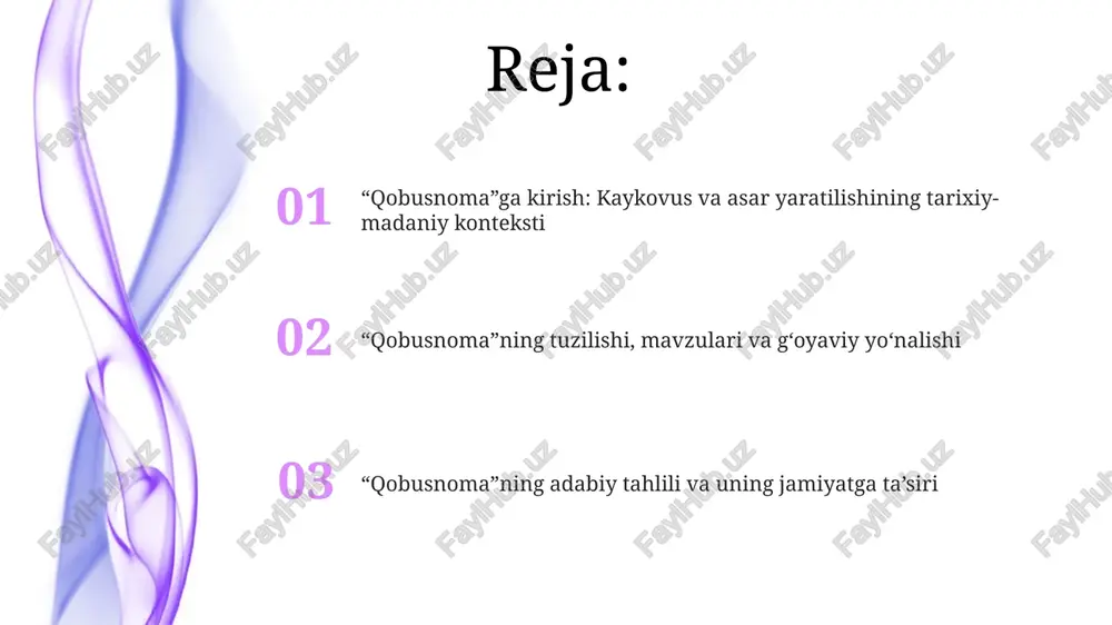 riga tarjima qilingan. 1881-yilda birinchi to'liq fransuzcha tarjimasi chop etilgan va uning g'arbda tanilishiga yordam bergan. “qobusnoma”ning ta'siri o'rta asrlarda keng tarqalgan bo'lib, undagi axloqiy pand-nasihatlar ko'plab asarlarga, xususan, “guliston” kabi adabiyotlarga ta'sir ko'rsatgan, ta'limiy yo'nalishni belgilab bergan. e'tiboringiz uchun rahmat image4.jpg image5.jpg image6.jpg image7.jpg image8.jpg image1.jpeg image2.jpeg image3.jpeg