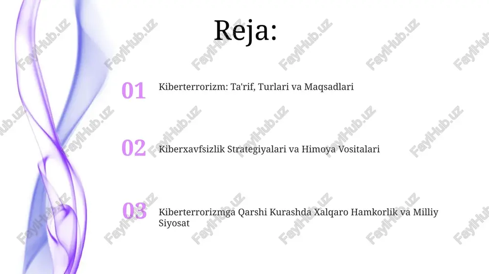 u esa 1986-yildan beri kompyuterlarni himoya qilishga qaratilgan. kiberhujumlarni diagnostika qilish, oldini olish va ularga javob berish kiberhujumlarni diagnostika qilish anormal tarmoq trafikini aniqlashni, 24/7 monitoringni, loglarni tahlil qilishni va erta ogohlantirish tizimlaridan foydalanishni o'z ichiga oladi. oldini olish uchun, xodimlarni o'qitish, zaifliklarni bartaraf etish, muntazam test sinovlari va kamida 12-belgidan iborat murakkab parollardan foydalanish kerak. kiberhujumlarga javob berish protokoli bo'linmalarni izolyatsiya qilish, 72 soat ichida huquqni muhofaza qilish organlariga xabar berish va zaxira nusxalaridan ma'lumotlarni tiklashni o'z ichiga oladi. kiberterrorizmning oqibatlari va kelajakdagi tendentsiyalari kelajakdagi tendentsiyalardan biri - sun'iy intellektga asoslangan hujumlar sonining ortishi, bu esa murakkab va avtomatlashtirilgan kiberhujumlarga olib kelishi mumkin. kiberterrorizmning iqtisodiy oqibatlari 2024 yilda trillionlab dollarga yetishi mumkin, bu esa infratuzilmani tiklash va xavfsizlikni kuchaytirish zaruratini keltirib chiqaradi. kiberterrorizmning psixologik oqibatlari, masalan, 100 minglab odamlarda ishonchsizlik va qo'rquvni keltirib chiqarishi mumkin, bu esa mental salomatlik muammolariga olib keladi. e'tiboringiz uchun rahmat image1.jpeg image2.jpeg image3.jpeg