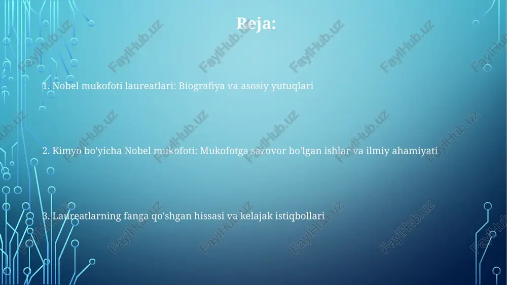 ukofoti sovrindori, kimyoviy bog'lanishning mohiyatini tushunish uchun kvant mexanikasini qo'llagan va 1962-yilda tinchlik mukofotini olgan. asosiy yutuqlari va mukofotga sazovor bo'lgan ishlar 1996 yilda xarold kroto, robert kerl va richard smolli fullerenlarni, uglerodning yangi shaklini kashf etdilar, bu esa nanotechnologiyaning rivojlanishiga olib keldi. 2000 yilda alan hirger, alan makdiarmid va hideki sirakava o'tkazuvchi polimerlarni kashf etdilar, bu elektronika va materialshunoslikda inqilob qildi. emanuelle sharpye va jennifer dudna 2020 yilda crispr-cas9 gen tahrirlash texnologiyasini ishlab chiqdilar, bu esa genetika va tibbiyotda yangi imkoniyatlarni ochdi. ilmiy ishlar ahamiyati va fanga qo'shgan hissasi laureatlar 1901-yildan beri kimyo sohasida 190 dan ortiq mukofotga sazovor bo'lishdi, ularning tadqiqotlari turli sohalarda, jumladan kataliz va biokimyoda yutuqlarga olib keldi. kimyo bo'yicha nobel mukofoti laureatlarining ilmiy ishlari yangi nazariyalar va usullarni yaratish orqali fanning rivojlanishiga sezilarli hissa qo'shdi. nobel mukofoti sovrindorlarining ilmiy ishlari farmatsevtika, materialshunoslik va atrof-muhitni muhofaza qilish kabi sohalarga sezilarli ta'sir ko'rsatdi, innovatsion echimlarni rag'batlantirdi. zamonaviy …