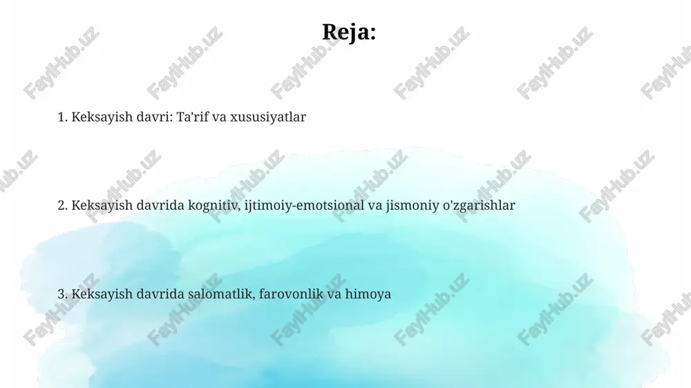 arishlari kuzatiladi, ayniqsa qisqa muddatli xotira pasayishi va uzoq muddatli xotiraning saqlanib qolishi 65 yoshdan keyin ko'proq uchraydi. keksalikda kognitiv tezlik sekinlashadi, ya'ni ma'lumotni qayta ishlash va reaktsiya vaqti ortadi, bu kundalik vazifalarni bajarishga ta'sir qilishi mumkin, 70-80 yoshlarda sezilarli o'zgarishlar bo'ladi. e'tiborning bo'linishi va diqqatni jamlash qobiliyati keksalikda susayadi, bu bir nechta vazifani bir vaqtda bajarishni qiyinlashtiradi va xatolarning ehtimolini oshiradi, 85 yoshdan keyin seziladi. keksalik davrida ijtimoiy-emotsional o'zgarishlar 80 yoshdan oshgan keksalarda yaqin do'stlar va oila a'zolarining yo'qotilishi qayg'u va tushkunlikka olib kelishi mumkin, adaptatsiya jarayoni muhim ahamiyatga ega. keksalik davrida, 65 yoshdan oshgan odamlarda ijtimoiy aloqalar kamayishi, yolg'izlik hissi kuchayishi kuzatiladi, bu esa ruhiy tushkunlikka olib kelishi mumkin. keksalikda emotsional barqarorlik saqlanib qolsa-da, ba'zi odamlarda xotira pasayishi, kognitiv funksiyalar susayishi tufayli asabiylik va bezovtalik kuchayishi mumkin. keksalik davrida jismoniy o'zgarishlar va salomatlik ko'rish va eshitish qobiliyati pasayishi mumkin, masalan, katarakta, glaukoma va eshitish qobiliyatining yo'qolishi, bu esa …