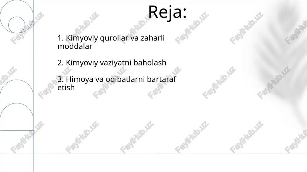 da meteorologik ma'lumotlar (shamol yo'nalishi va tezligi) muhim rol o'ynaydi, shuningdek, 100 metrdan ortiq masofalar aniqlanadi. 5. himoya vositalari va zararlanish oqibatlarini bartaraf etish individual himoya vositalari tarkibiga filtrlash niqoblari, himoya kostyumlari va qo'lqoplar kiradi, ular terini va nafas olish yo'llarini kimyoviy moddalardan himoya qilish uchun mo'ljallangan. kimyoviy zararlanish oqibatlarini bartaraf etish degazatsiya, dezinfeksiya va deaktivatizatsiyani o'z ichiga oladi, bu esa toksik moddalarni zararsizlantirish yoki olib tashlash orqali xavfsizlikni tiklashga qaratilgan. 6. degazatsiya, dezinfeksiya va deaktivatizatsiya degazatsiya - bu zaharlovchi moddalarni zararsizlantirish jarayoni, kimyoviy reaktsiyalar orqali ularning toksikligini kamaytiradi yoki yo'q qiladi, masalan, gidroliz yoki oksidlanish orqali. dezinfeksiya - bu kasalliklarni keltirib chiqaruvchi mikroorganizmlarni yo'q qilish yoki ularning sonini kamaytirish protsedurasi, odatda 70% spirtli eritma yoki xlor preparatlari kabi kimyoviy moddalar yordamida amalga oshiriladi. 7. xalqaro konventsiyalar va kimyoviy xavfsizlik 1993-yilgi kimyoviy qurollarni taqiqlash toʻgʻrisidagi konvensiya (kxk) kimyoviy qurollarni ishlab chiqarish, saqlash va ishlatishni taqiqlaydi, bu global kimyoviy xavfsizlik uchun …
