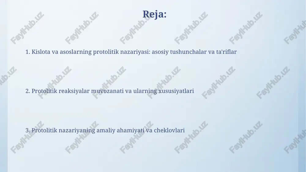 rlar - bu eritmadagi ph qiymatini vizual ravishda ko'rsatadigan zaif organik kislotalar yoki asoslar bo'lib, ular 1 ph birligidan oshmaydigan tor ph oralig'ida rangini o'zgartiradi. kuchli kislotalar suvda deyarli to'liq ionlanadi (dissotsiatsiya darajasi α ≈ 1), masalan, xlorid kislota (hcl), zaif kislotalar esa qisman ionlanadi (α << 1), sirka kislota (ch3cooh) bunga misol bo'ladi. protolitik reaksiyalar va muvozanat protolitik reaksiyalarda muvozanat kislota va asosning nisbiy kuchiga bog'liq; kuchliroq kislota protonni osonroq beradi, muvozanat esa zaifroq kislota va asos tomon siljiydi. kislotalik doimiysi (ka) va asoslilik doimiysi (kb) protolitik muvozanatni miqdoriy baholash uchun ishlatiladi; katta ka kuchliroq kislotani, katta kb esa kuchliroq asosni anglatadi. protolitik nazariyaning qo'llanilishi va cheklovlari protolitik nazariya kimyo, biologiya va atrof-muhit fanlarida, masalan, tuproq ph darajasini baholashda va suvning sifatini tahlil qilishda keng qo'llaniladi. protolitik nazariya organik erituvchilardagi reaksiyalarni tushuntirishda muvaffaqiyatsiz bo'lishi mumkin, chunki u suvga o'xshash proton almashinuvini talab qiladi, bu esa har doim ham mavjud …
