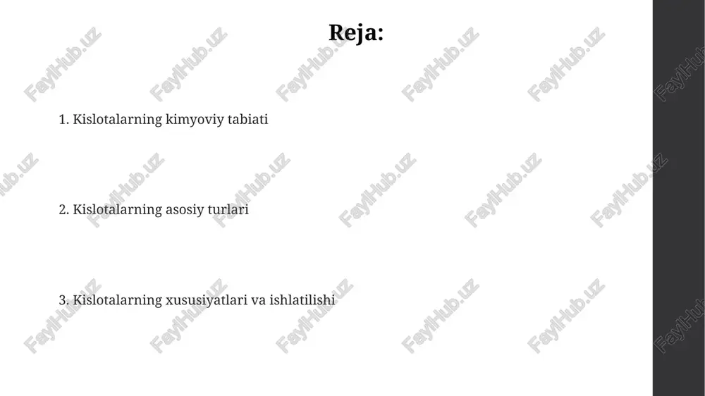 myoviy tarkibi kislotalarning kimyoviy tarkibi ularning molekulalarida vodorod ionlari (h+) mavjudligi bilan belgilanadi, ular suvda eriganida ajralib chiqib, eritmada ph darajasini 7 dan pastga tushiradi. ko'pgina kislotalar, masalan, sulfat kislota (h2so4) va nitrat kislota (hno3), molekulalarida kislorod atomlarini o'z ichiga oladi, bu ularning oksidlovchi xususiyatlarini va reaksiyaga kirishish qobiliyatini oshiradi. kislotalar proton donorlari sifatida ta'riflanadi; ular kimyoviy reaksiyalar davomida boshqa moddalarga bitta yoki bir nechta vodorod ionlarini berishga qodir, shu bilan birga kislota xususiyatlarini namoyon etadi. kislotalarning tuzilishi kislotalarning tuzilishi, odatda, bir yoki bir nechta vodorod atomlarini boshqa atomlar yoki atomlar guruhlari bilan bog'langan holda o'z ichiga oladi, masalan, sulfat kislota (h2so4) da vodorod atomlari sulfat ioniga (so4^2-) bog'langan. kislotalar molekulalarida kamida 1 ta almashtiriladigan vodorod atomi (h+) mavjud bo'lib, u suvli eritmada gidroniy ionini (h3o+) hosil qilish uchun ajralib chiqishi mumkin, bu ularning kislotalik xususiyatini belgilaydi. ko'pgina organik kislotalar karboksil guruhini (-cooh) o'z ichiga oladi, bu yerda karbonil guruhi …