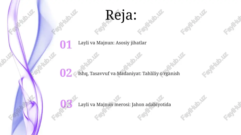 n o‘zbek adabiyotida gullab-yashnagan boʻlib, 16-asr san’atiga chuqur ta’sir ko‘rsatdi va turli shakllarda namoyon bo'ldi. «layli va majnun» sharq adabiyotida 7-asr arab qabilalari afsonasidan kelib chiqqan chuqur madaniy ahamiyatga ega boʻlib, uning turli xil talqinlari mavjud. layli va majnun asosidagi san'at asarlari va tanqidiy baholar layli va majnun mavzusidagi san'at asarlariga nizomiy ganjaviyning asariga asoslangan xiv-xvi asrlarga oid miniaturalar kiradi, ularda sevgi sahnalari tasvirlangan. tanqidchilar layli va majnun qissasining falsafiy chuqurligi va badiiy mahoratini yuqori baholashadi, uni insoniy sevgi va ilohiy fano timsoli sifatida ta'kidlashadi. zamonaviy talqinlar, adaptatsiyalar va global ta'sir “layli va majnun”ning zamonaviy sahna talqinlari 21-asr tomoshabinlariga murojaat qilish uchun raqs, musiqa va multimedia elementlaridan foydalanib, uning dolzarbligini oshiradi. xx asrda “layli va majnun” motivlari filmlarda, masalan, 1937-yilda hindistonda suratga olingan versiyada, shuningdek, zamonaviy adabiyotda ham o‘z aksini topdi va asar ta’sirini ko‘rsatdi. e'tiboringiz uchun rahmat image4.png image5.jpg image6.jpg image7.jpg image8.jpg image9.jpg image10.jpg image11.jpg image1.jpeg image2.jpeg image3.jpeg