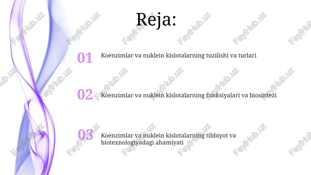 lektron tashuvchilar (nad+, fad) sifatida rol o'ynab, redoks reaktsiyalarini osonlashtiradi. nuklein kislotalar biosintezi de novo yoki qayta foydalanish yo'llari orqali ribonukleotidlar va deoksiribonukleotidlar sintezini o'z ichiga oladi; ular metabolizmda genetik ma'lumotni saqlash va uzatish uchun zarurdir. nuklein kislotalarning genetik axborotdagi roli dnk molekulasi genetik axborotni o'z ichiga oladi, u 4 ta asosiy nukleotid orqali kodlangan bo'lib, organizmning barcha biologik xususiyatlarini belgilaydi. rnk, xususan mrnk, dnkdan olingan genetik ko'rsatmalarni ribosomaga yetkazadi, oqsil sintezini ta'minlaydi va gen ifodasini boshqaradi. genetik kod 64 ta kodondan iborat bo'lib, ulardan 61 tasi aminokislotalarni kodlaydi va 3 tasi translyatsiyani to'xtatuvchi signal vazifasini bajaradi, nasldan naslga axborot o'tkazilishini ta'minlaydi. koenzimlar yetishmovchiligi va nuklein kislota mutatsiyalari bilan bog'liq kasalliklar dnk mutatsiyalari natijasida kelib chiqadigan o'roqsimon hujayrali anemiya gemoglobinning beta zanjirida bitta nukleotid almashinuvi (gag → gtg) oqibatidir. niasin (b3 vitamini) yetishmovchiligi pellagra kasalligiga olib keladi, u 3 ta 'd' (dermatit, diareya, demans) bilan xarakterlanadi va fermentlarning nad/nadp koenzimlari …