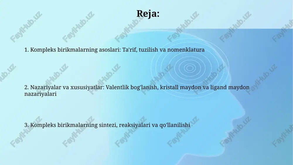 ligandlarning metall ionining d-orbitallarini bo'linish qobiliyatiga ko'ra tartiblanishi bo'lib, i- dan co gacha bo'lgan tartibda bo'linish energiyasi (δ) ortib boradi. komplekslarning barqarorlik konstantalari va sintezi barqarorlik konstantalari (β) kompleksning hosil bo'lish jarayonidagi muvozanatni tavsiflaydi; yuqori β qiymat, kompleksning eritmada barqarorroqligini ko'rsatadi. masalan, β > 10^8 juda barqaror kompleksni anglatadi. komplekslarning sintezi metall ionini tegishli ligandlar bilan aralashtirish orqali amalga oshiriladi. temperaturani nazorat qilish va inert atmosfera barqaror kompleks hosil bo'lishiga yordam beradi, ayniqsa sezgir birikmalar uchun. kompleks birikmalarning reaksiyalari va mexanizmlari kompleks birikmalarning almashinish reaksiyalari odatda sn1 yoki sn2 mexanizmlari orqali amalga oshadi, bu yerda ligandning ketishi tezligi metall ionining tabiatiga bog'liq. trans-effekt - bu bir ligandning kompleks birikmada boshqa ligandning almashinuv tezligiga ta'siri, trans holatdagi ligandlar almashinuvni tezlashtiradi. kompleks birikmalarning amaliy ahamiyati kompleks birikmalar sanoat katalizida muhim rol o'ynaydi, masalan, ziegler-natta katalizatorlari polimerizatsiya jarayonlarida ishlatiladi va polimerlar ishlab chiqarish samaradorligini oshiradi. tibbiyotda platina asosidagi kompleks birikmalar (masalan, cisplatin) saratonga …