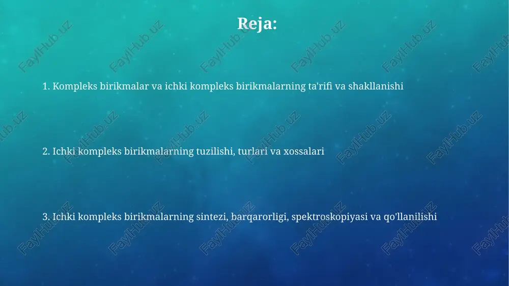 larning xossalari ichki kompleks birikmalar yuqori barqarorlikka ega, chunki ular xelat effekt tufayli metall ionini bir necha nuqtadan bog'laydi, natijada termodinamik barqarorlik 10^5 ga yetishi mumkin. ichki kompleks birikmalar ko'pincha rangli bo'ladi, chunki liganddan metallga zaryad o'tkazish (lmct) yoki d-d o'tishlari tufayli uv-vis spektroskopiyasida 400-700 nm oralig'ida yutilish kuzatiladi. ichki kompleks birikmalarning qo'llanilishi ichki kompleks birikmalar sanoatda katalizator sifatida keng qo'llaniladi, ayniqsa polimerizatsiya jarayonlarida, samaradorlikni oshirish uchun metall markazning reaktivligini nazorat qilish imkonini beradi. analitik kimyoda ichki kompleks birikmalar metall ionlarini selektiv ajratish va aniqlash uchun ishlatiladi, masalan, edta kompleksi yordamida suv qattiqligini aniqlash 10^-6 mol/l aniqlikda. ichki kompleks birikmalarning sintezi ichki kompleks birikmalarning sintezi odatda metall ionini tegishli ligand bilan ma'lum bir erituvchida, masalan, etanol yoki suvda isitish orqali amalga oshiriladi. ph darajasini nazorat qilish muhim, chunki u metall ionining ligand bilan koordinatsion bog'lanishini va kompleks birikmaning hosil bo'lishini optimallashtirishga yordam beradi. ichki kompleks birikmalarning barqarorligi ichki kompleks birikmalarning …