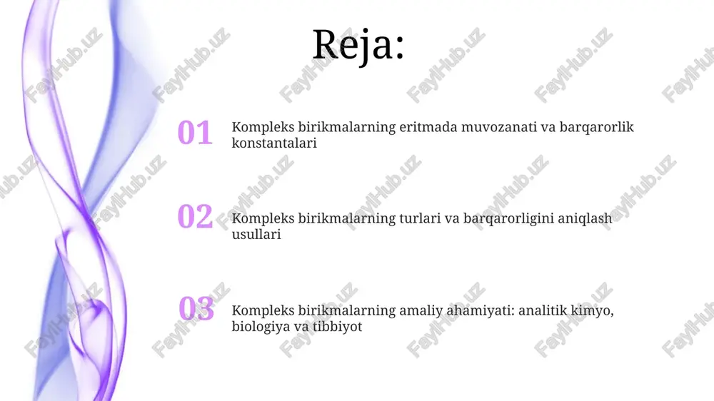 o'z ichiga oladi, koordinatsion bog'lanishlar orqali barqaror komplekslar hosil qiladi, masalan, [cu(nh3)4]2+ tarkibidagi 4 ta ammiak molekulasi. xelatlar bir nechta koordinatsion bog'lar orqali metall ion bilan bog'lanadigan ko'p dentatli ligandlardan hosil bo'ladi; edta kabi xelat agentlar barqarorlikni sezilarli darajada oshiradi, log k 10 dan yuqori bo'lishi mumkin. kompleks birikmalarning barqarorligini aniqlash usullari spektrofotometrik usullar kompleksning yutilish spektridagi o'zgarishlarni tahlil qiladi. masalan, lambert-beer qonuniga asoslangan holda, yutilish intensivligining konsentratsiyaga bog'liqligi barqarorlik konstantasini aniqlashga yordam beradi. potensiometrik usullar elektrokimyoviy potentsialni o'lchash orqali kompleks hosil bo'lishini aniqlaydi. nernst tenglamasidan foydalanib, erkin metall ionlari konsentratsiyasini aniqlash orqali barqarorlik konstantasi hisoblanadi. polarografik usullar volt-amper o'lchovlari orqali metall ionlarining reduksiyalanish potentsialini o'rganadi. kompleks hosil bo'lish reduksiyalanish potentsialini o'zgartiradi, bu o'zgarish barqarorlik konstantasini aniqlashga imkon beradi. kompleks birikmalarning analitik kimyoda qo'llanilishi ekstraksiya usullarida kompleks birikmalar metall ionlarini erituvchilar orasida taqsimlash uchun qo'llaniladi, bu esa 2 fazali tizimda metall ionining ajratilish koeffitsientini oshiradi. kompleks birikmalar titrlash usullarida metall …